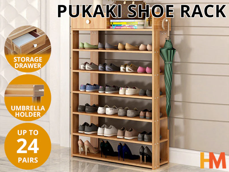 PUKAKI 7 Tiers Shoe Rack Organiser Shelf - Oak - Image 2