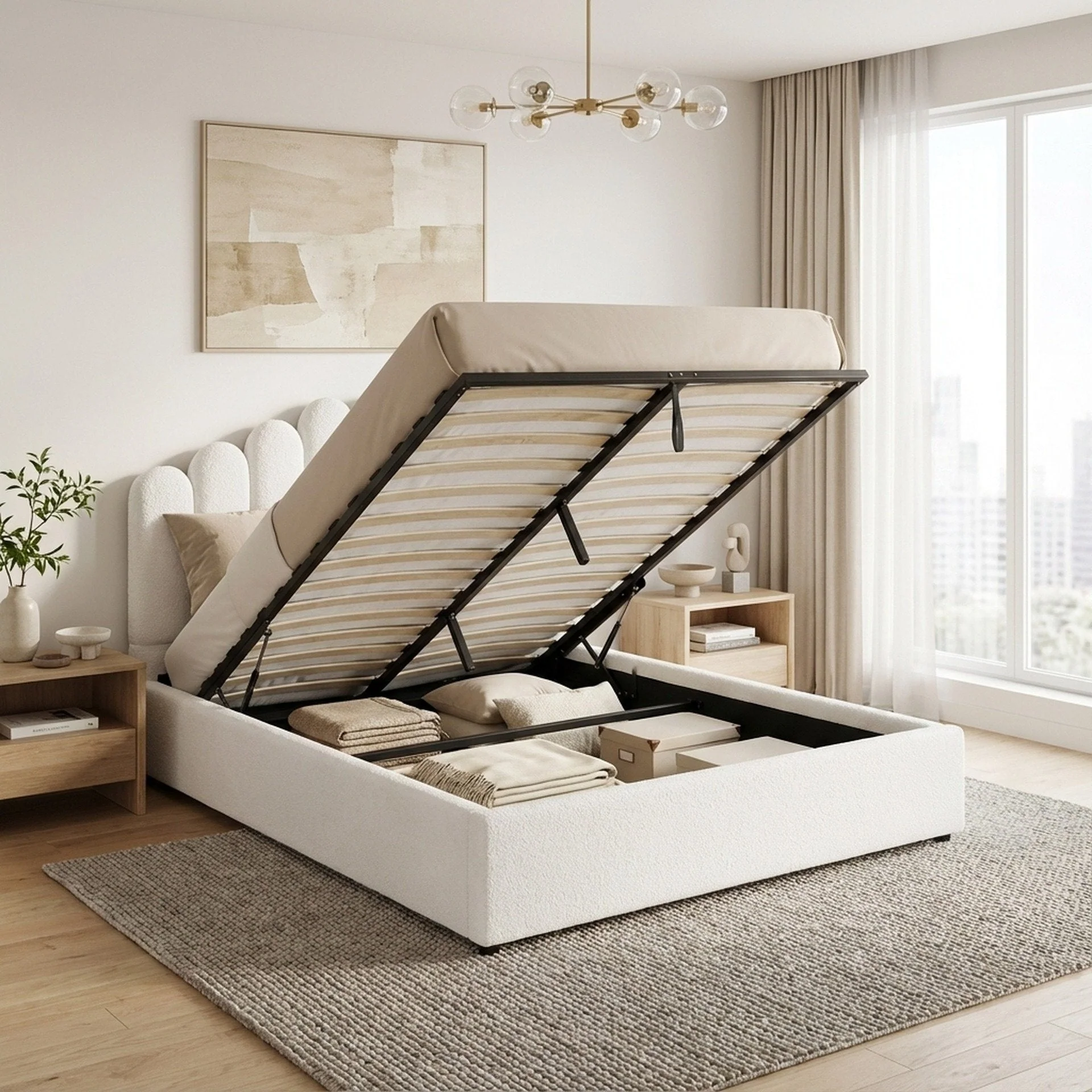 Puro Boucle Queen Gas Lift Bed Frame - White