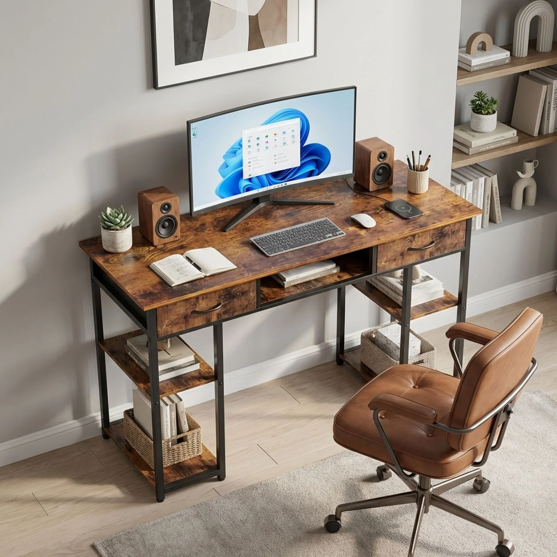 Richard 120m Computer Desk With Bookshelf - Rustic Brown