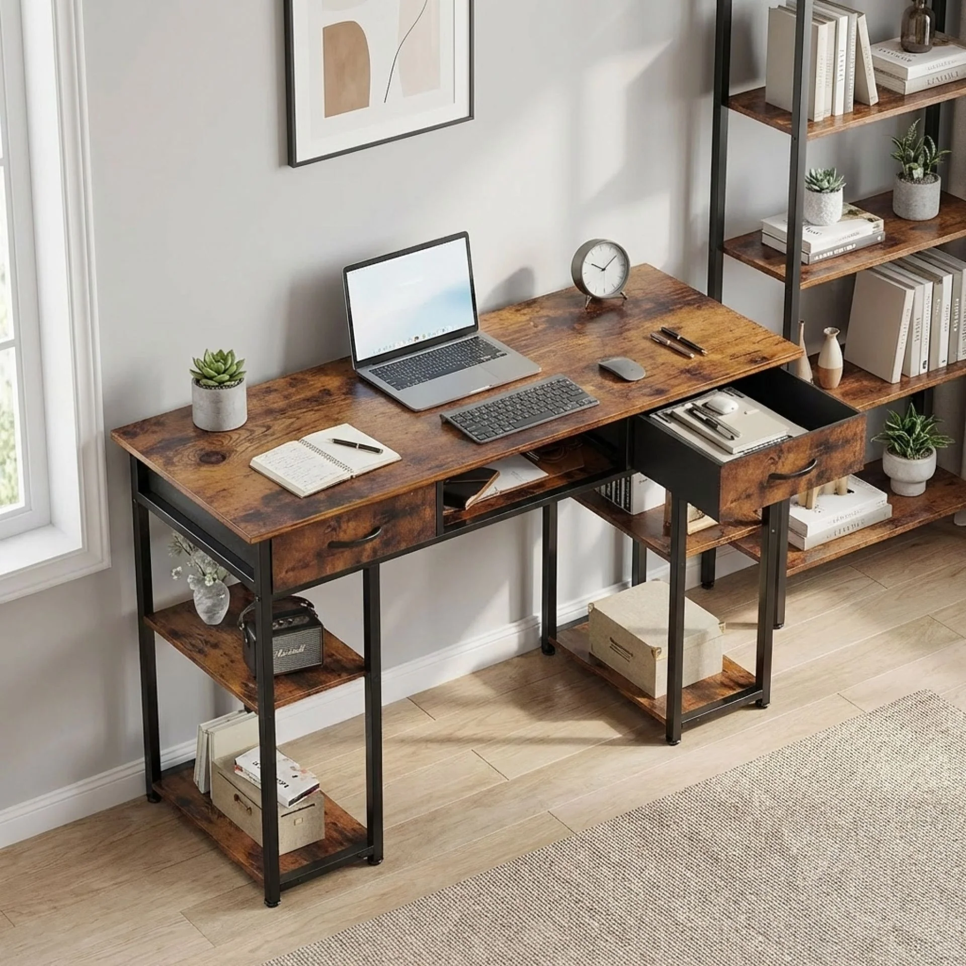 Richard 120m Computer Desk With Bookshelf - Rustic Brown - Image 2