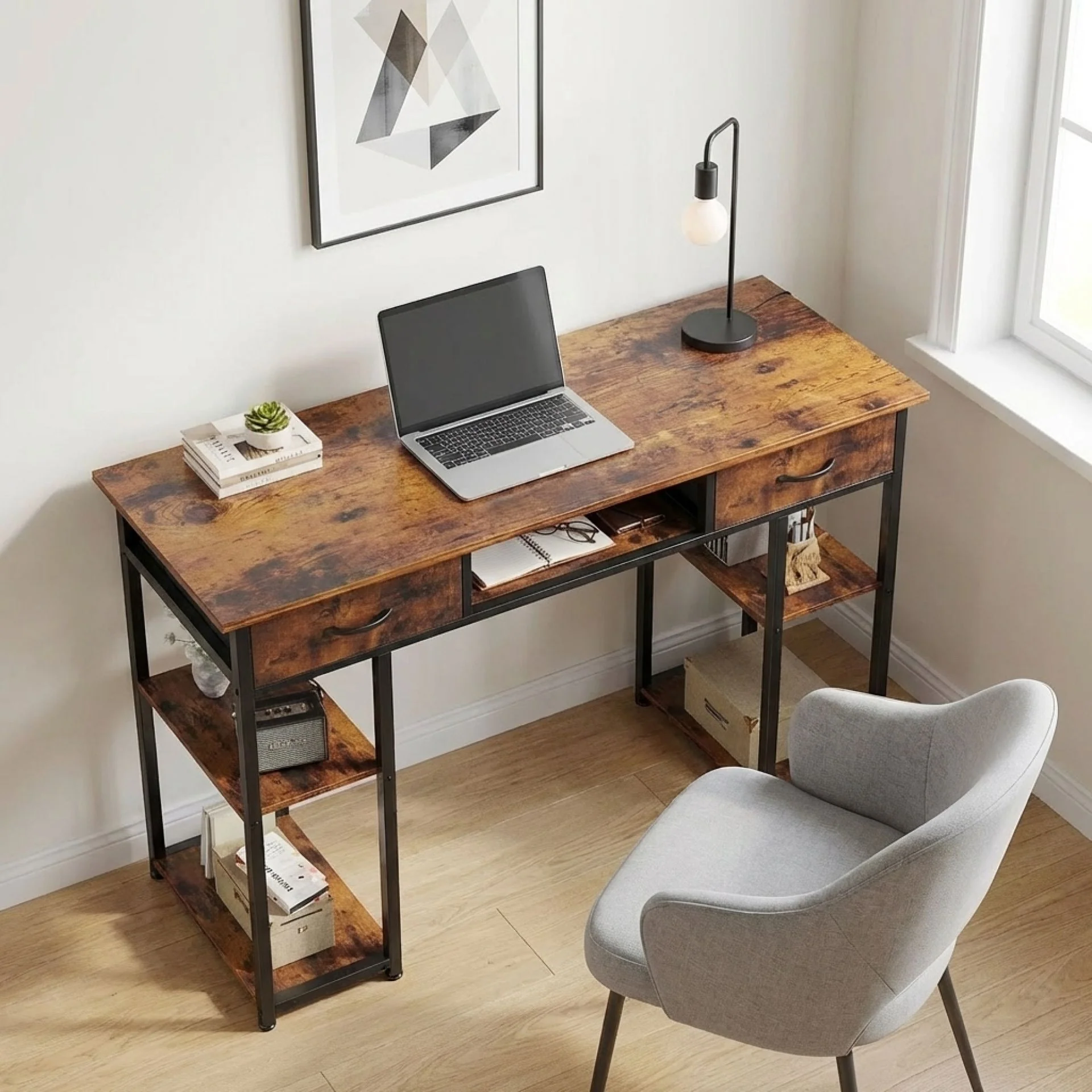 Richard 120m Computer Desk With Bookshelf - Rustic Brown - Image 3
