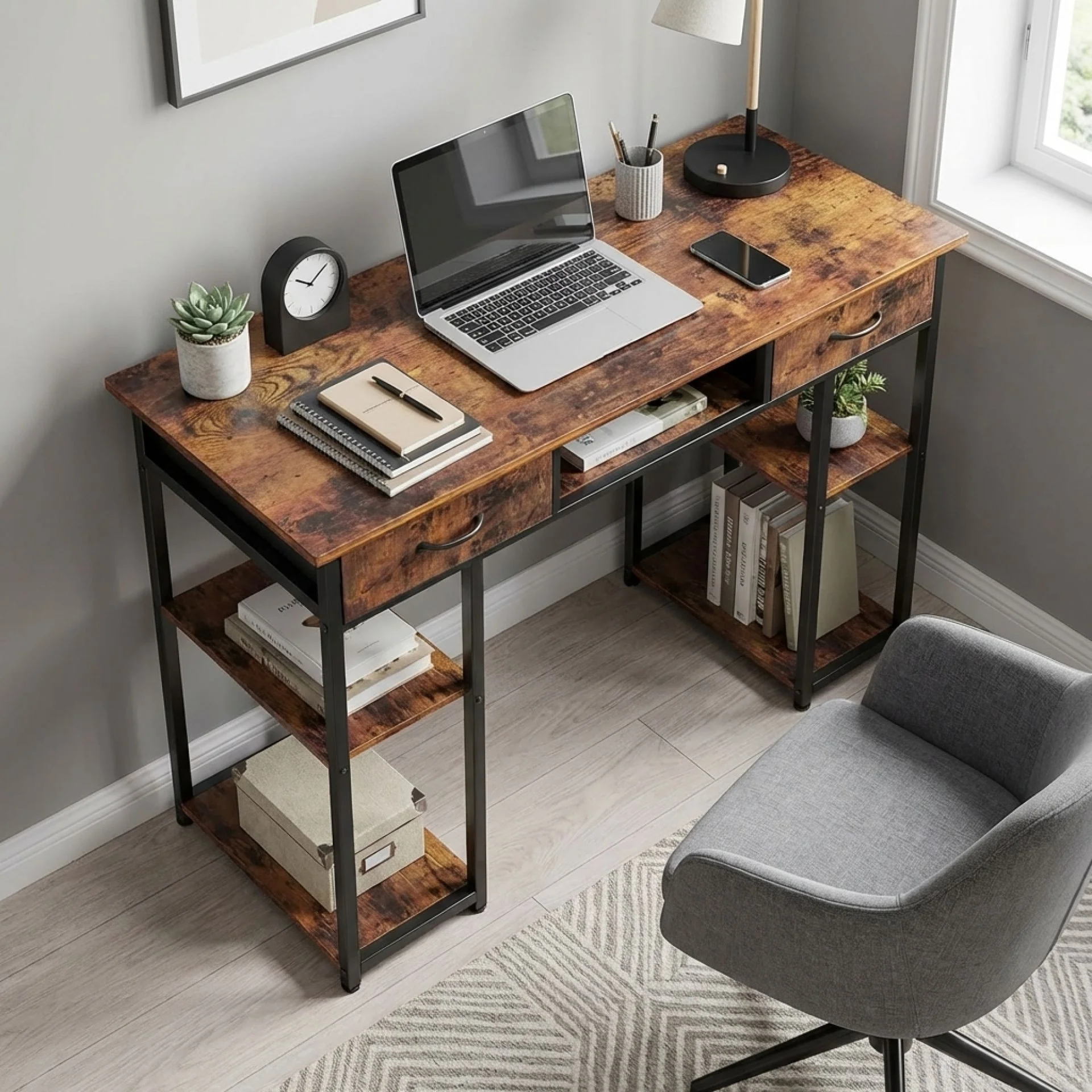 Richard 120m Computer Desk With Bookshelf - Rustic Brown - Image 5