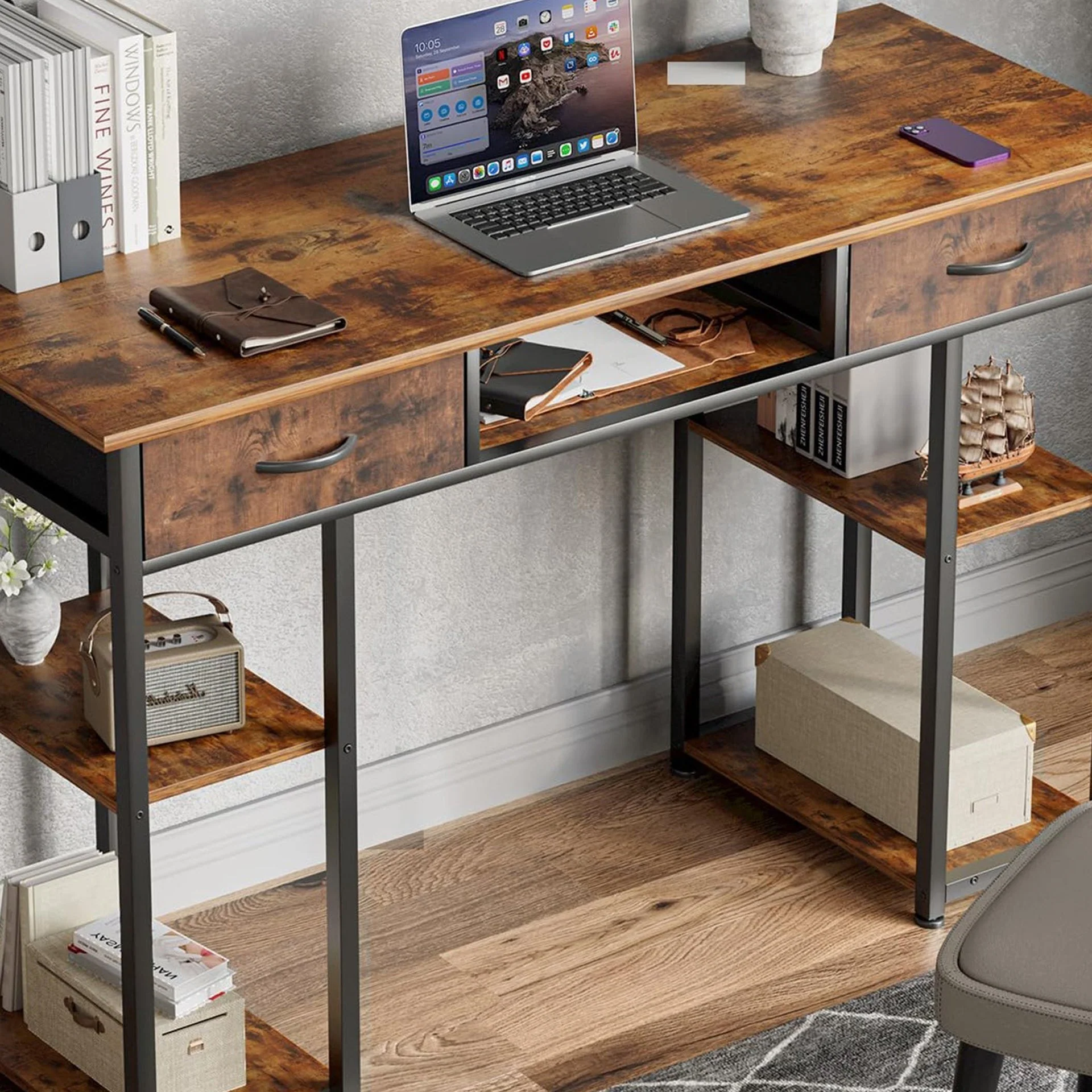 Richard 120m Computer Desk With Bookshelf - Rustic Brown - Image 7