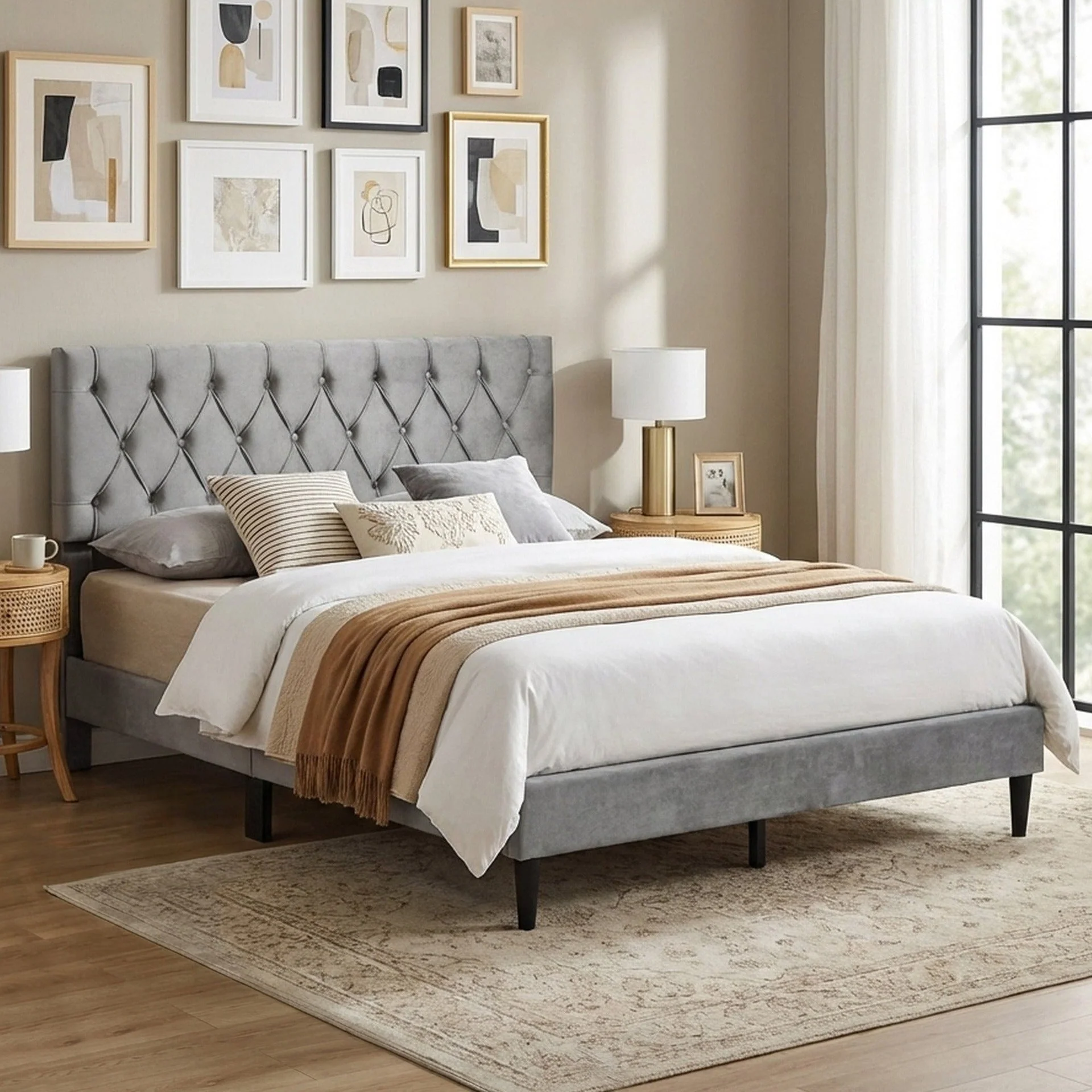 Rila Queen Velvet Bed Frame - Grey
