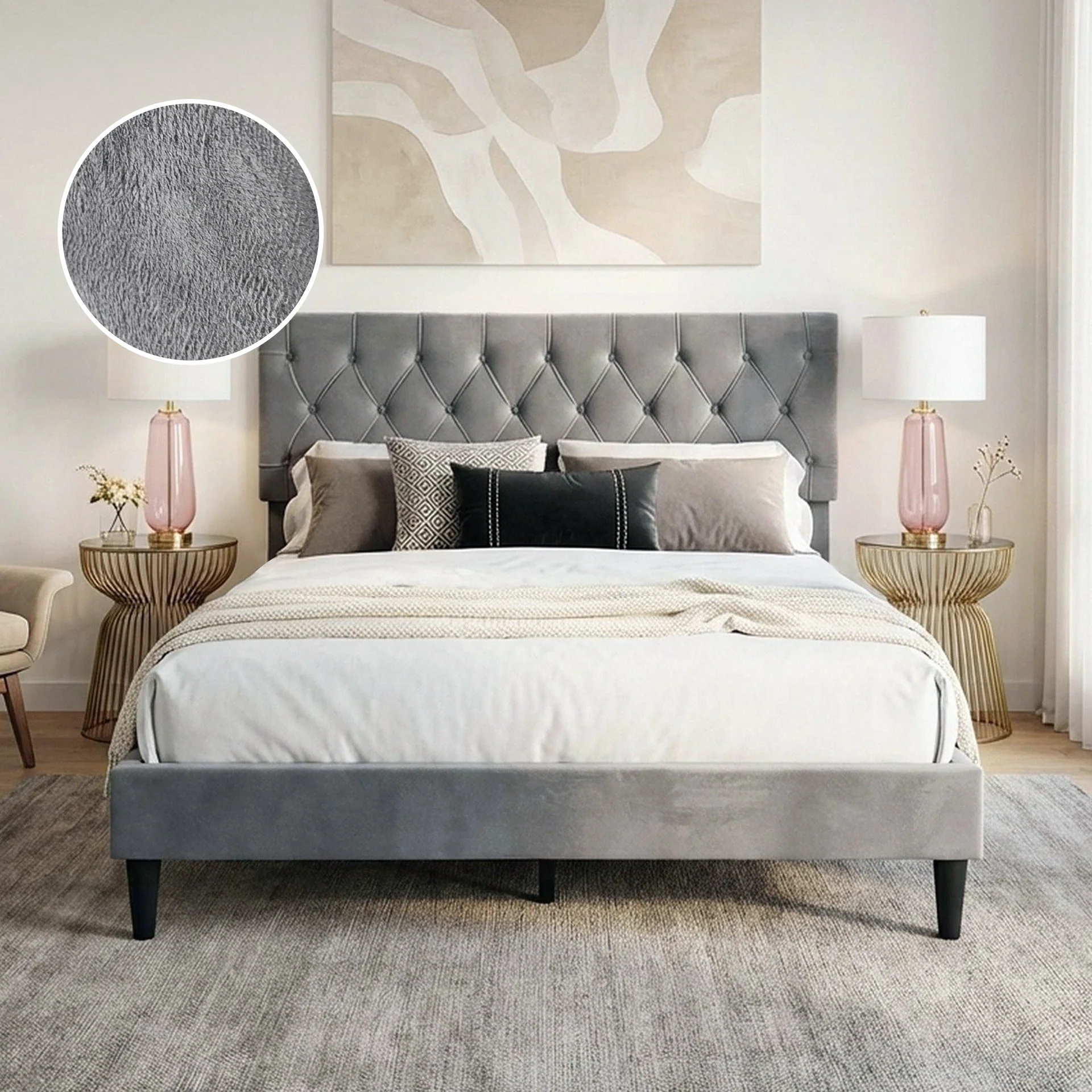 Rila Queen Velvet Bed Frame - Grey - Image 2