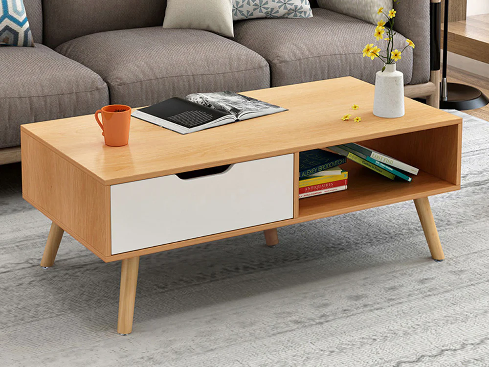 RILEY 1 Drawer Wooden Coffee Table - Oak - Image 2