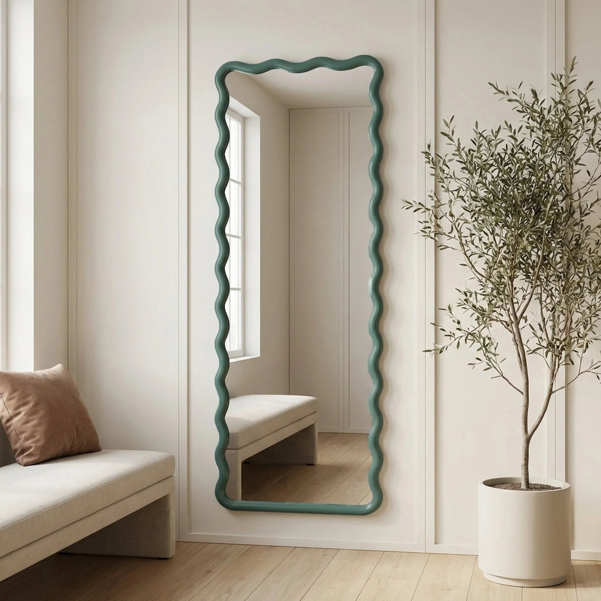 Ripple Wavy Wooden Full Length Mirror 160cm - Sage