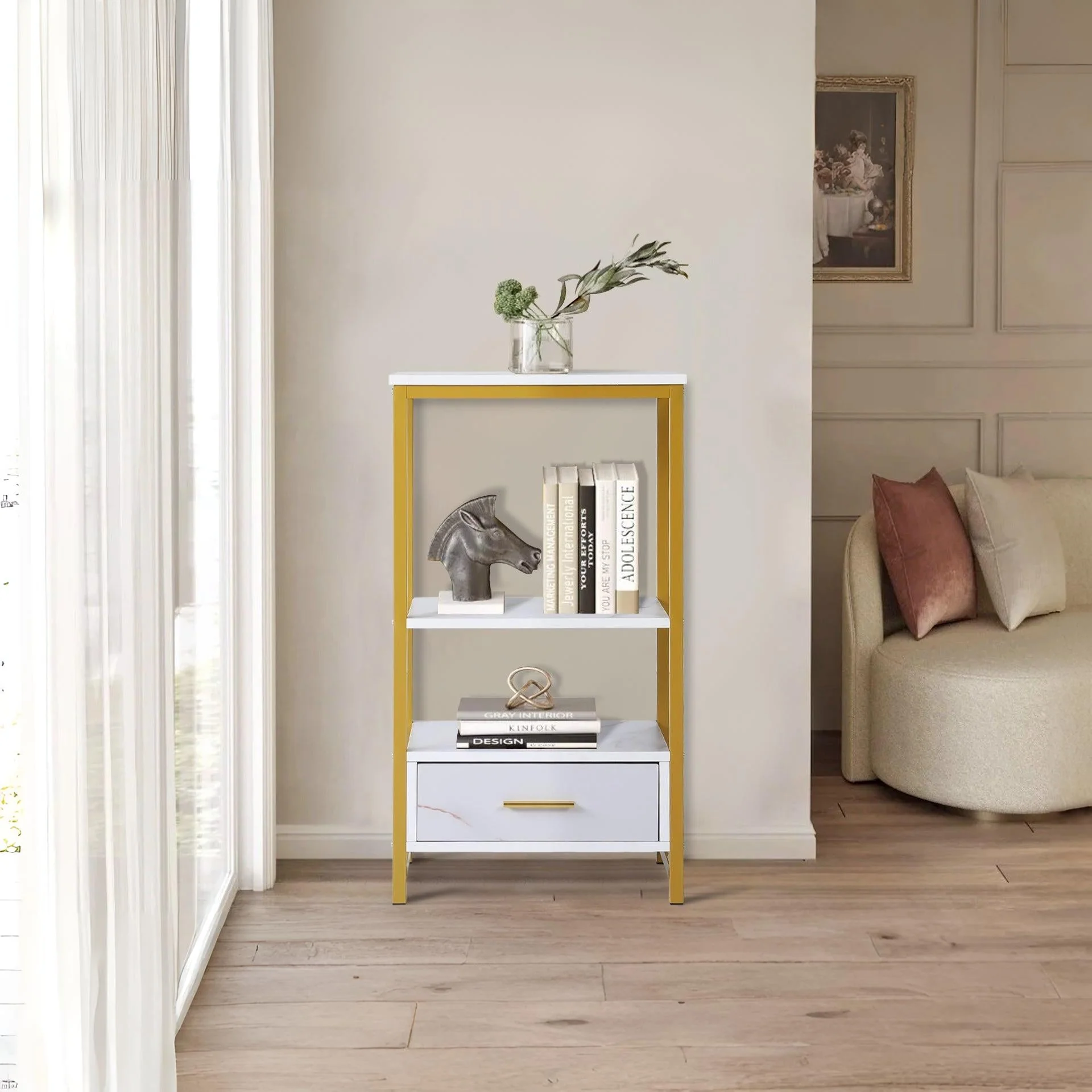 Ross Storage Shelf With Drawer - White + Gold