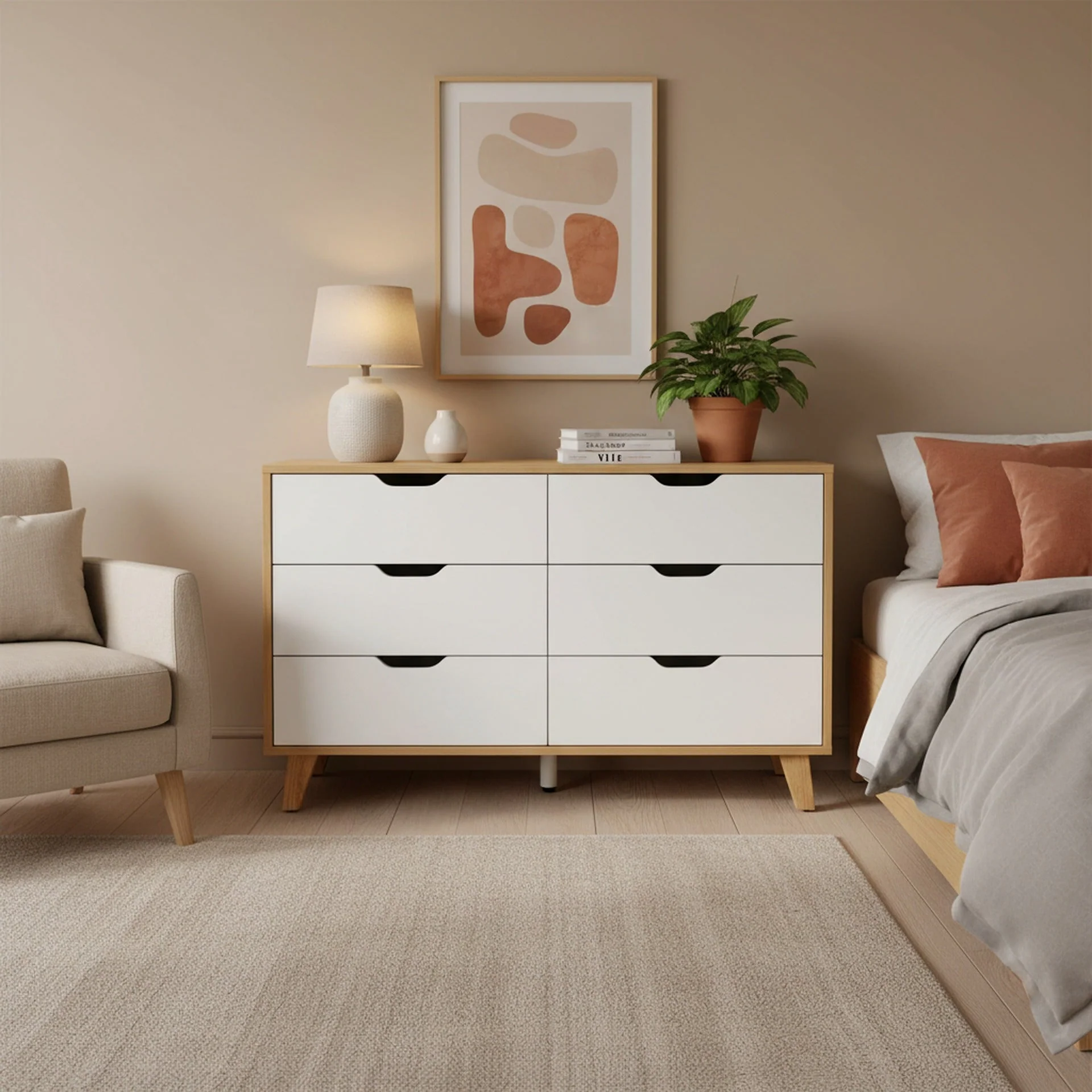 Schertz Wooden Low Boy 6 Drawers - Oak - Image 3