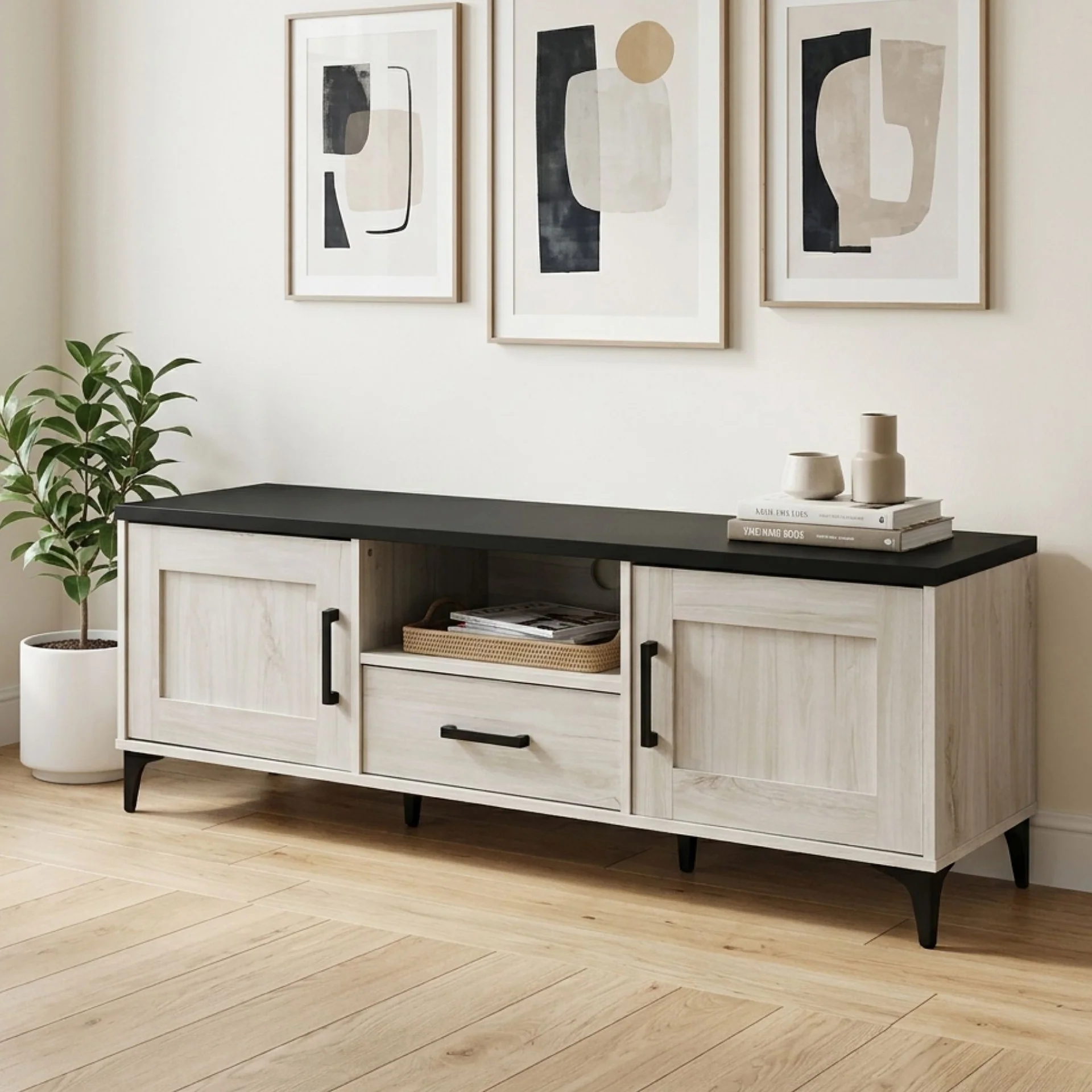 Scottie 1.5m Entertainment Unit - White Oak + Black - Image 4