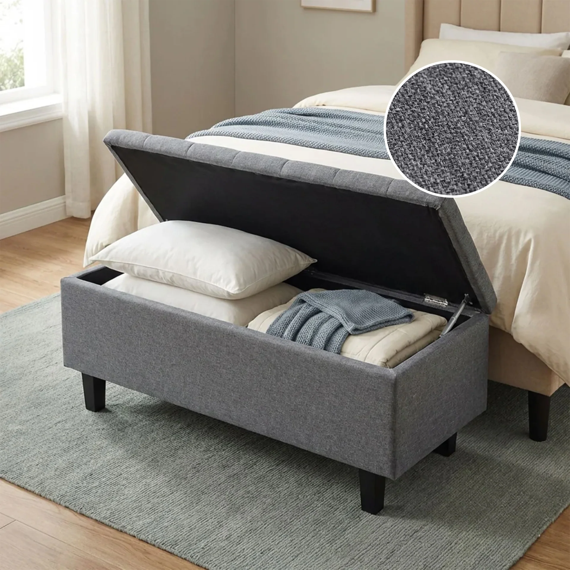 Sebastian Linen Storage Ottoman Bench - Grey - Image 2