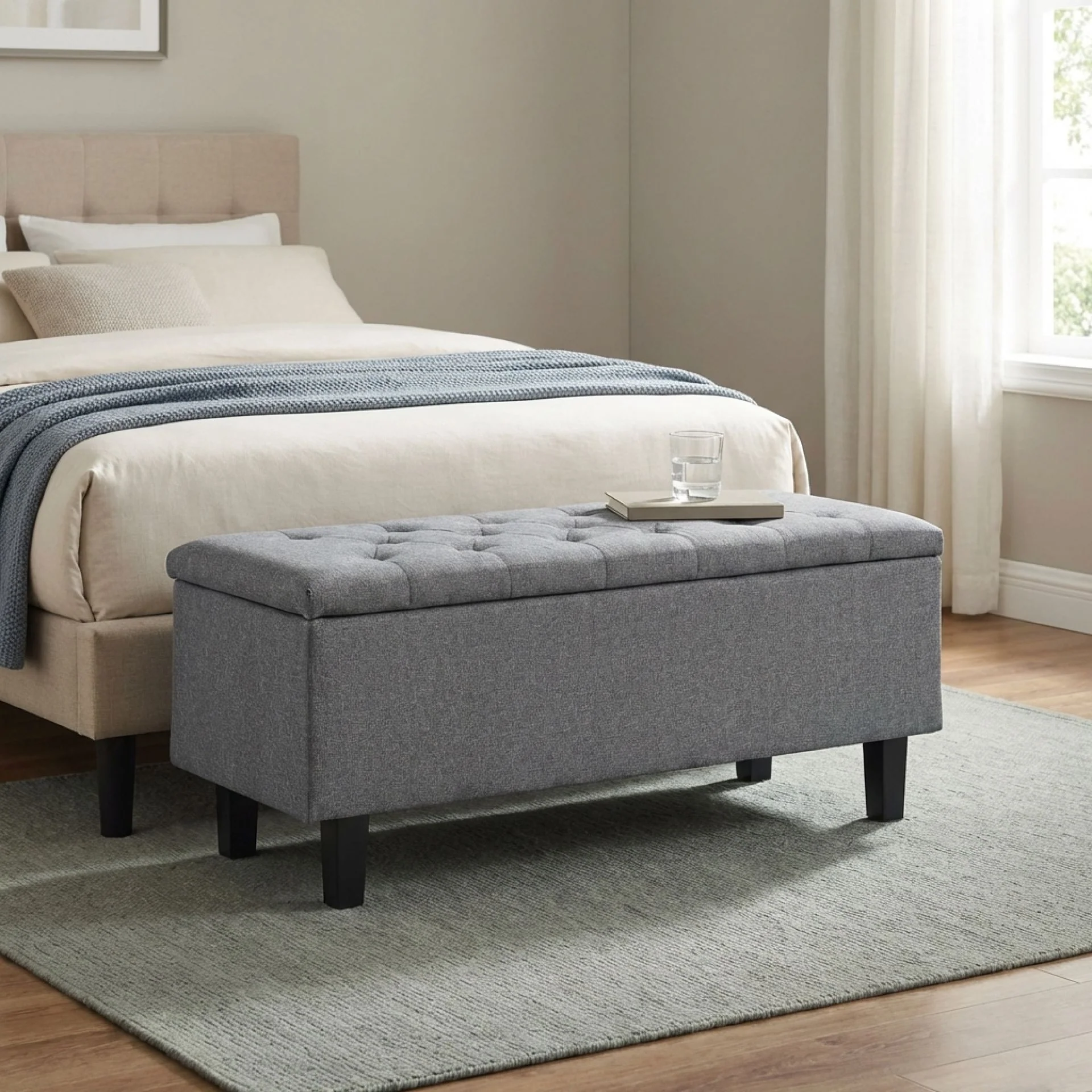 Sebastian Linen Storage Ottoman Bench - Grey - Image 3