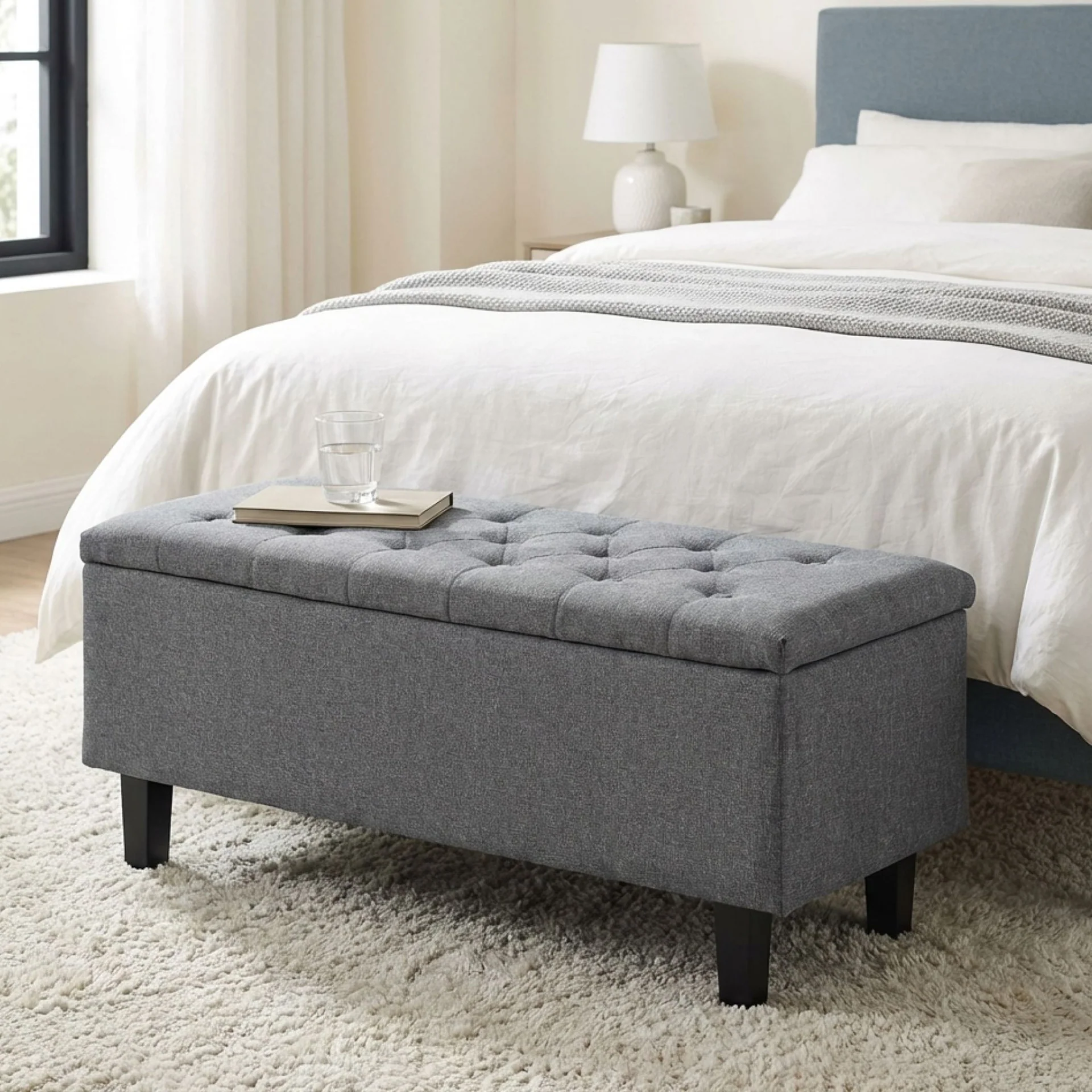 Sebastian Linen Storage Ottoman Bench - Grey - Image 4