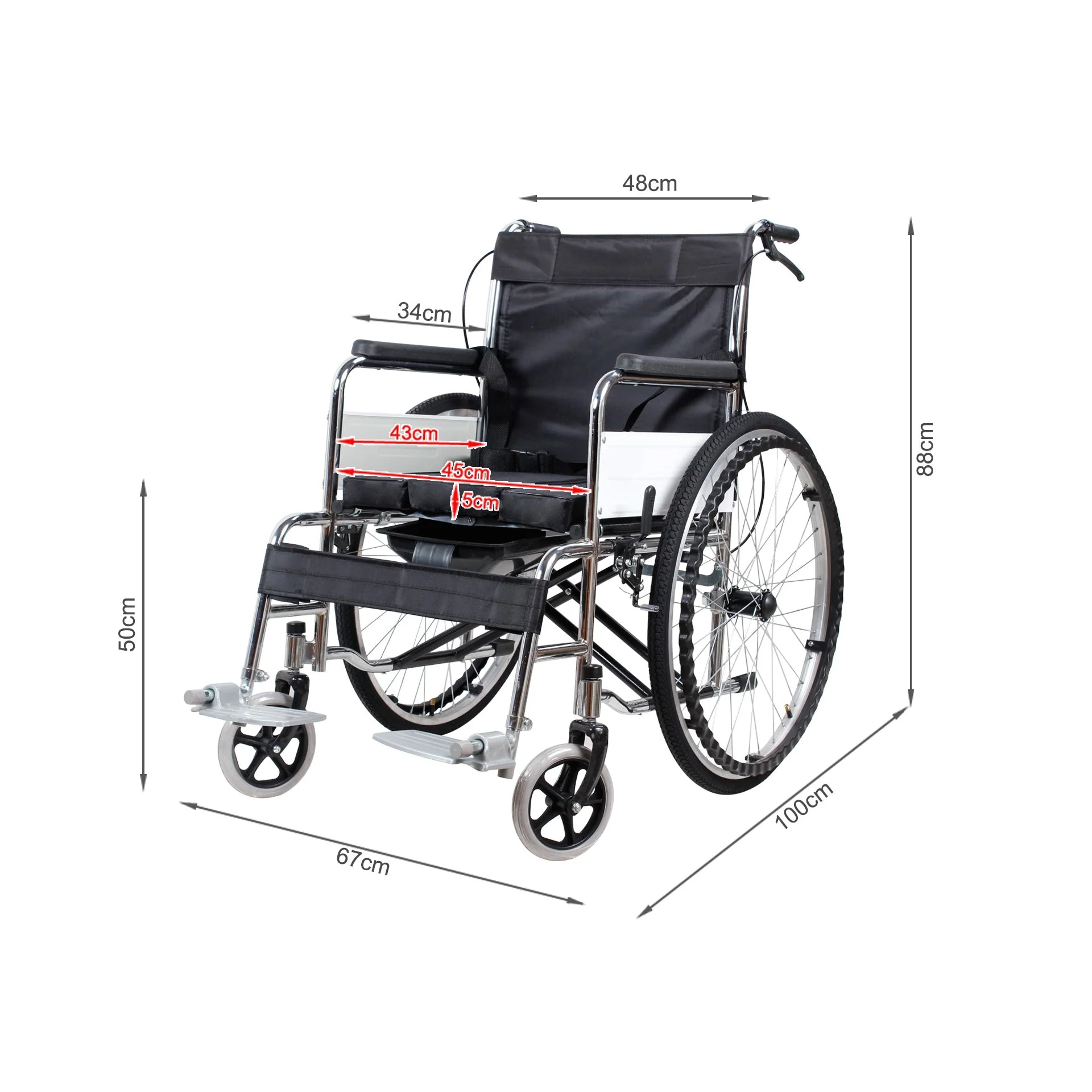 Self-Propelled Wheelchair with Toilet - Black - Image 10