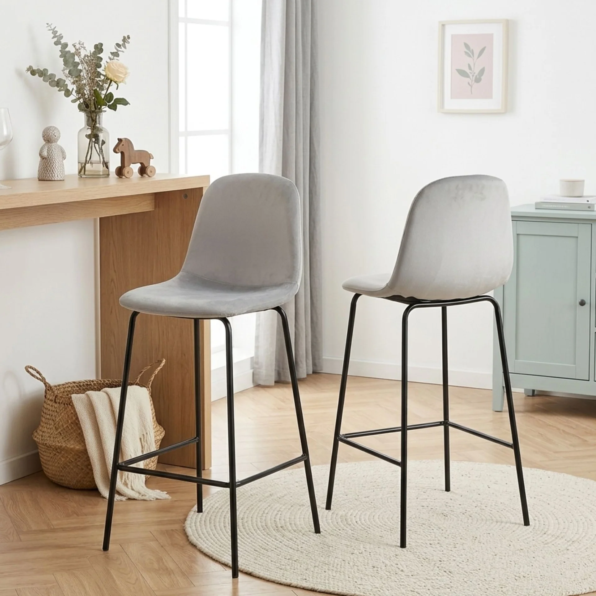 Selo Velvet Bar Stool - Set Of 2 - Light Grey - Image 3