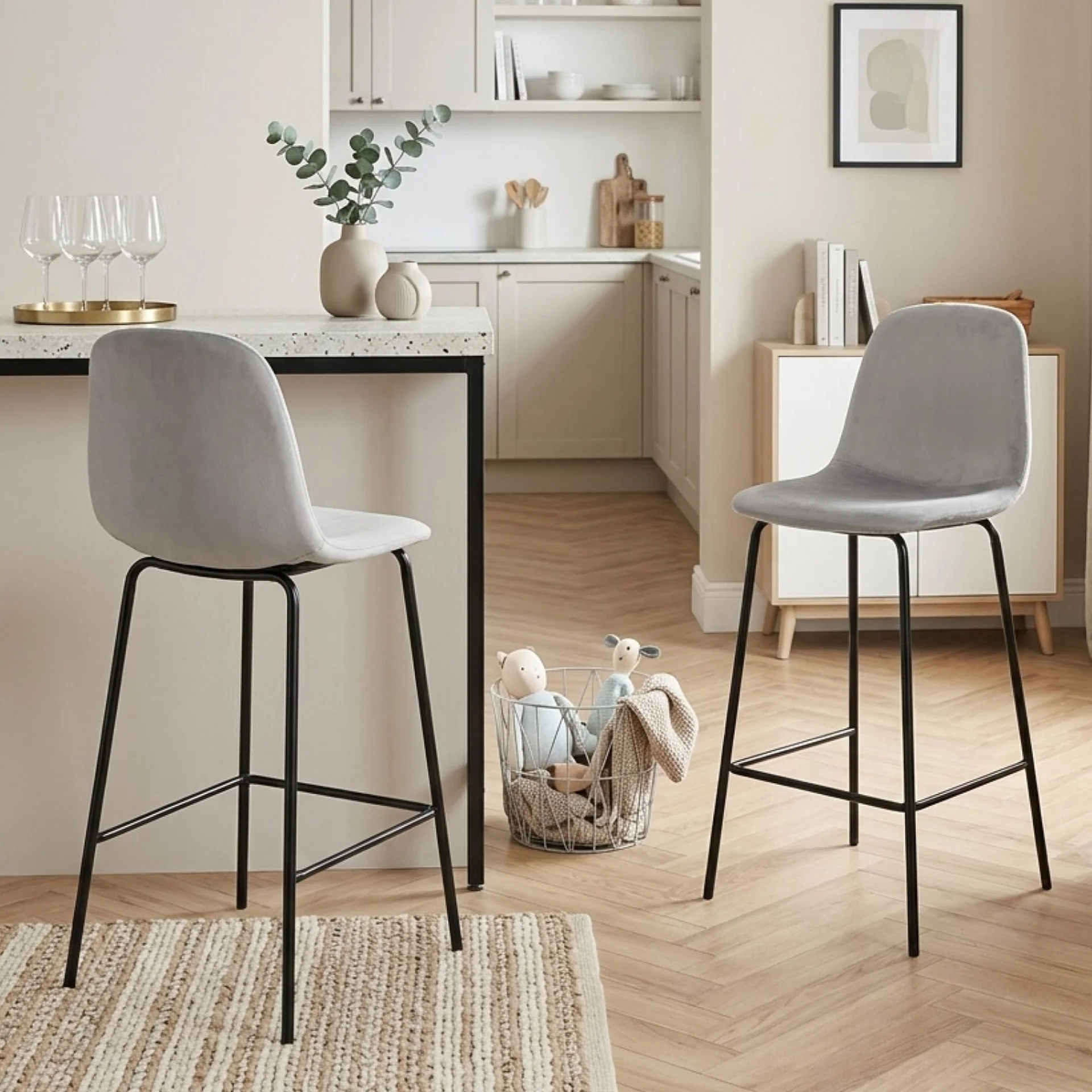 Selo Velvet Bar Stool - Set Of 2 - Light Grey - Image 4