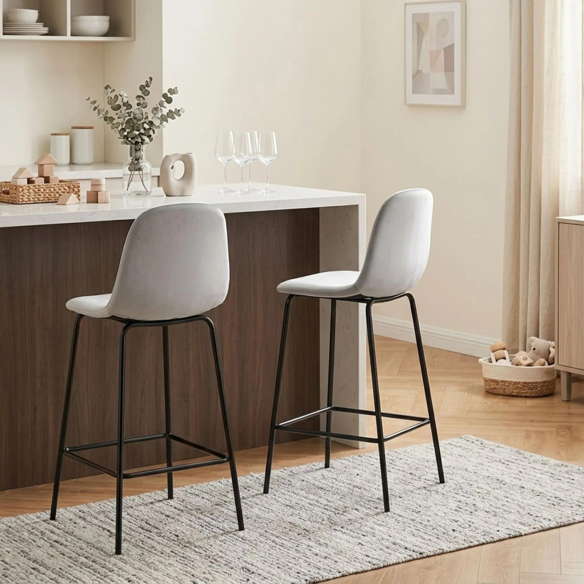 Selo Velvet Bar Stool - Set Of 2 - Light Grey - Image 5