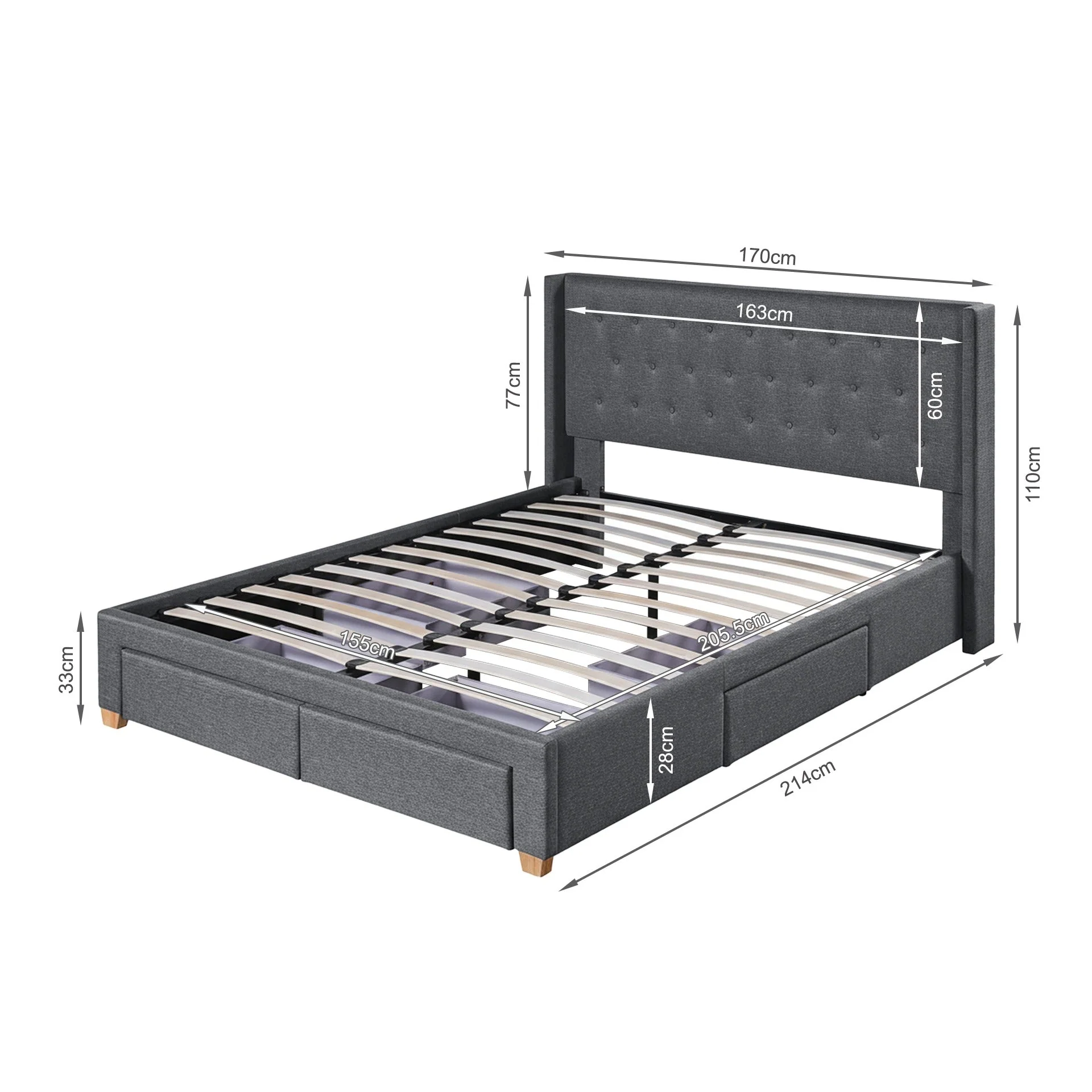 Sereno Queen Bed Frame with 4 Drawers - Dark Grey - Image 14