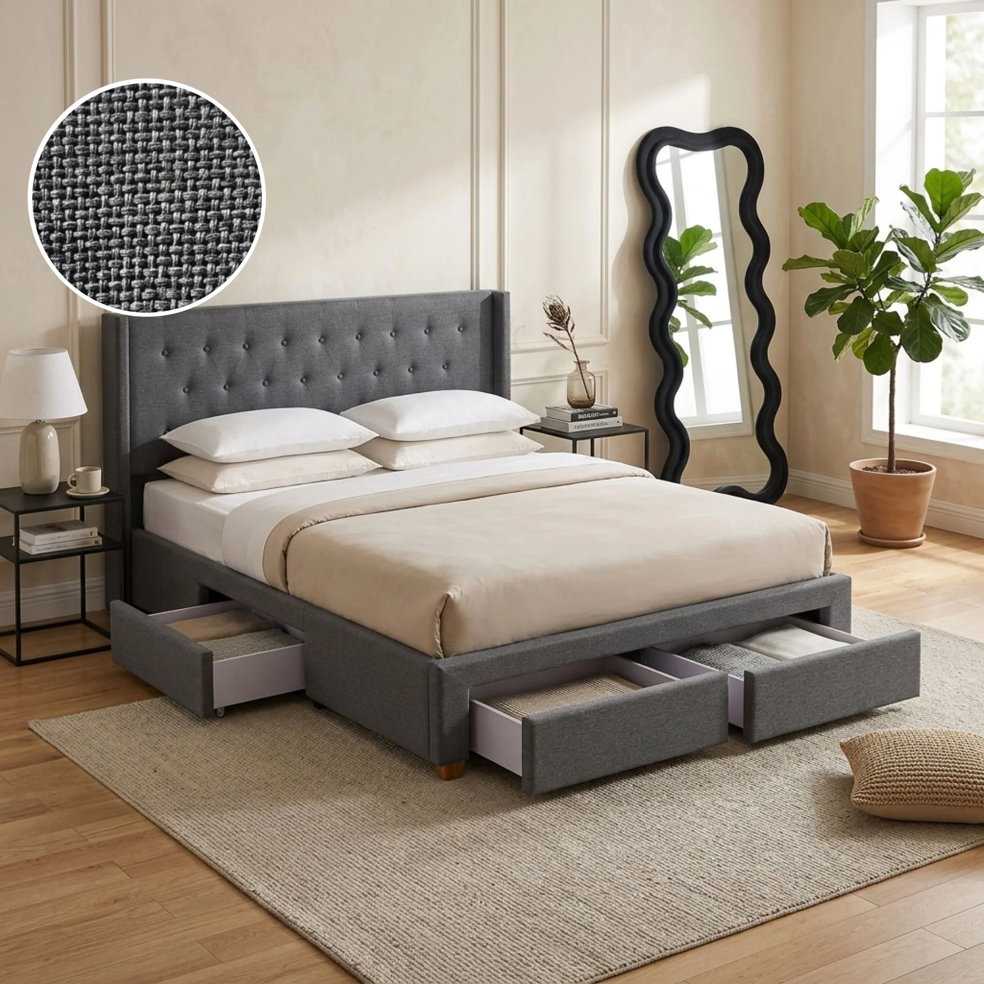 Sereno Queen Bed Frame with 4 Drawers - Dark Grey - Image 2