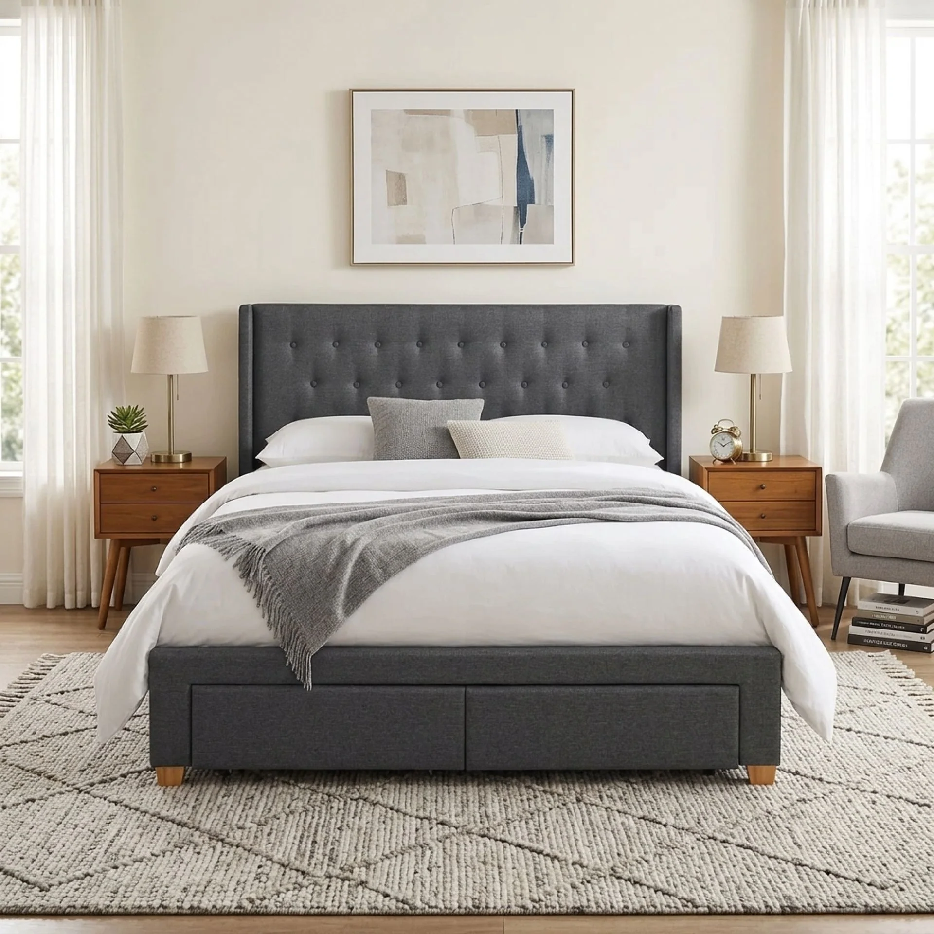 Sereno Queen Bed Frame with 4 Drawers - Dark Grey - Image 6