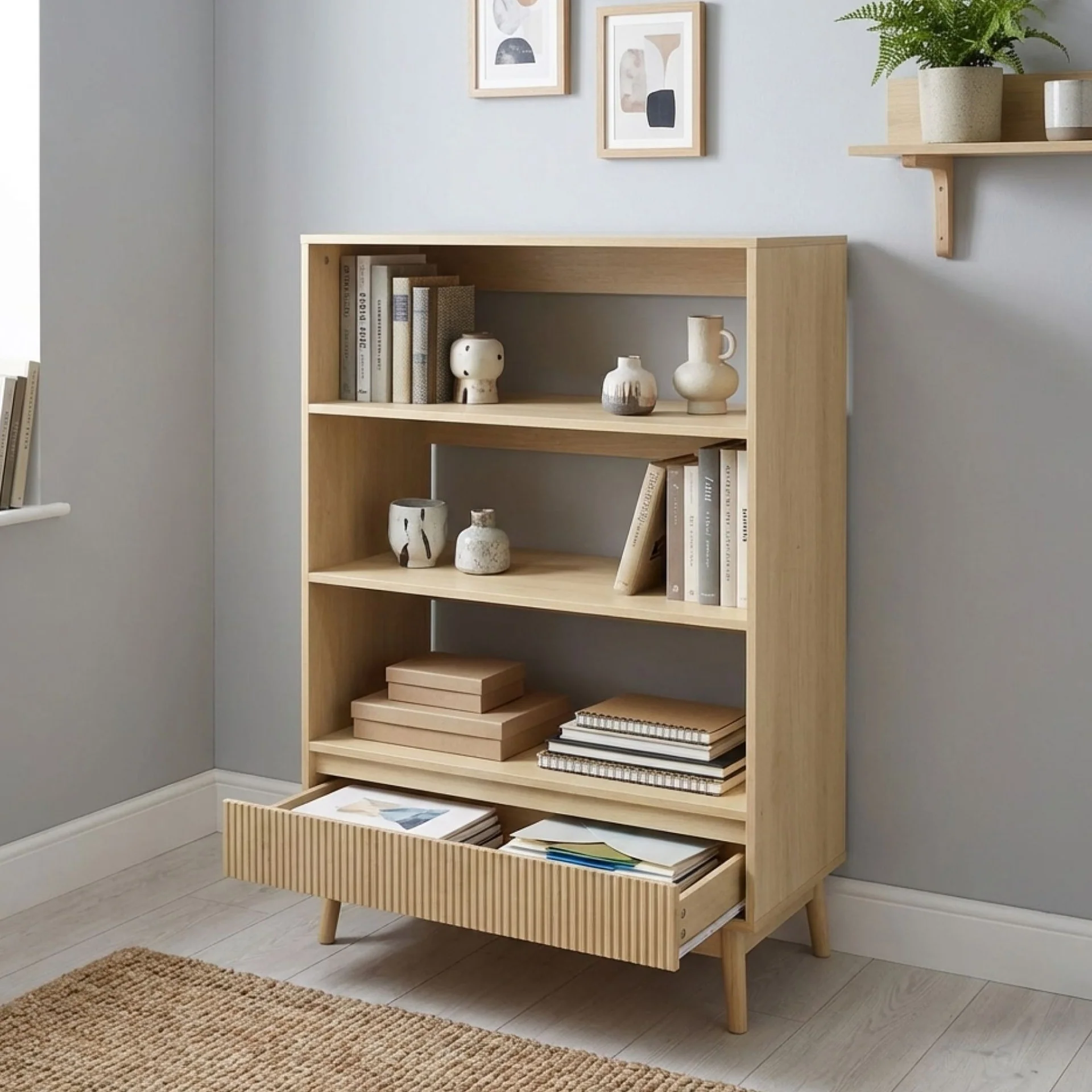 Shawnee 3 Tier Bookshelf with Drawer - Oak - Image 2
