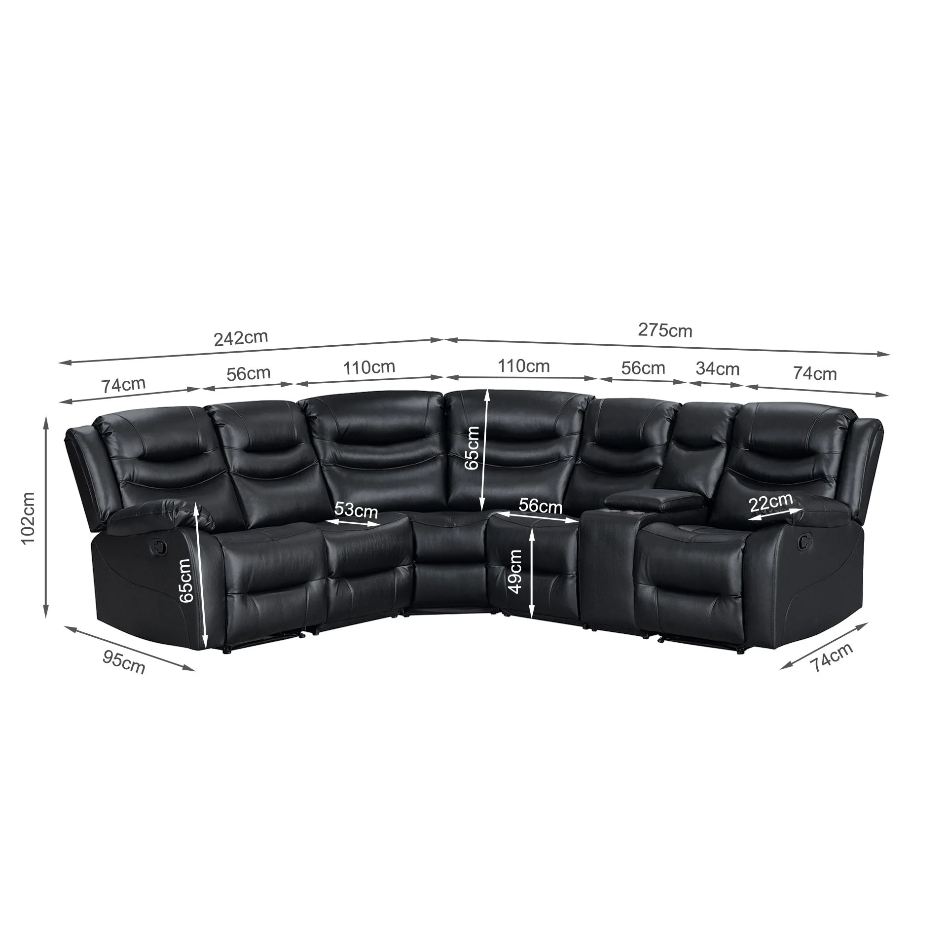 Silverdale Air Leather Manual Recliner Corner Sofa - Black - Image 14
