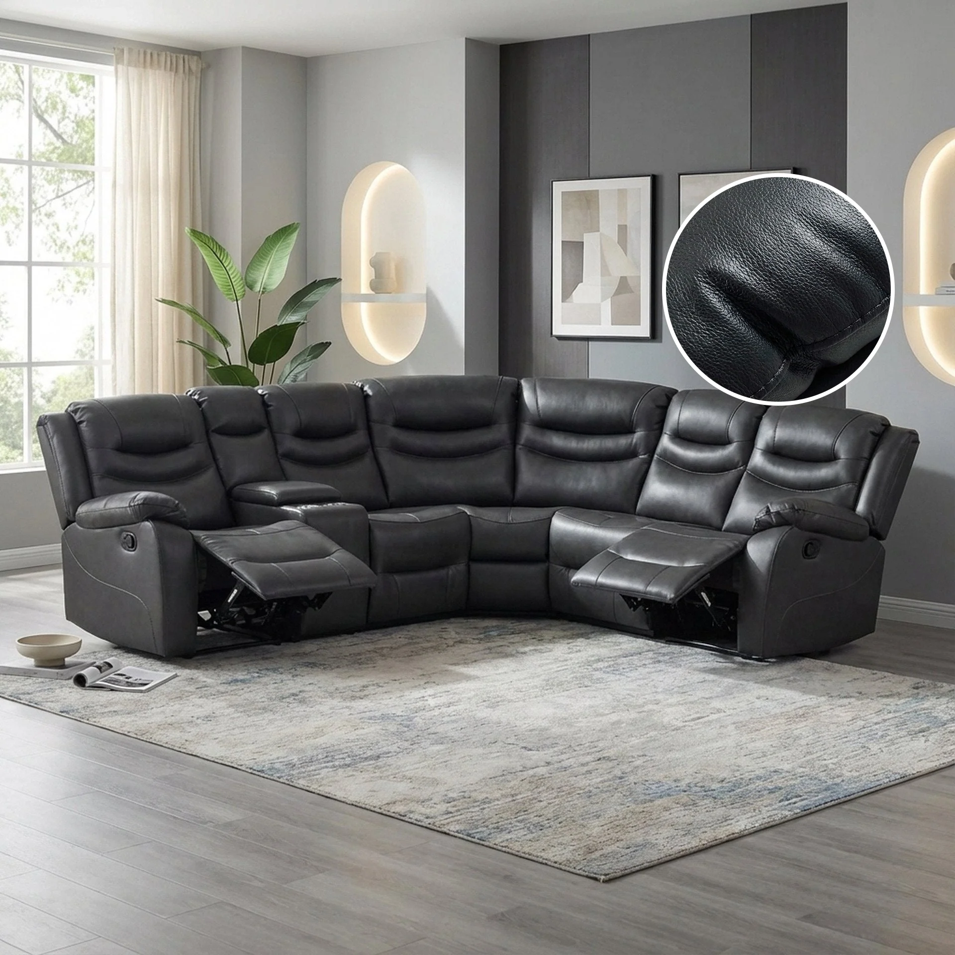Silverdale Air Leather Manual Recliner Corner Sofa - Black - Image 2