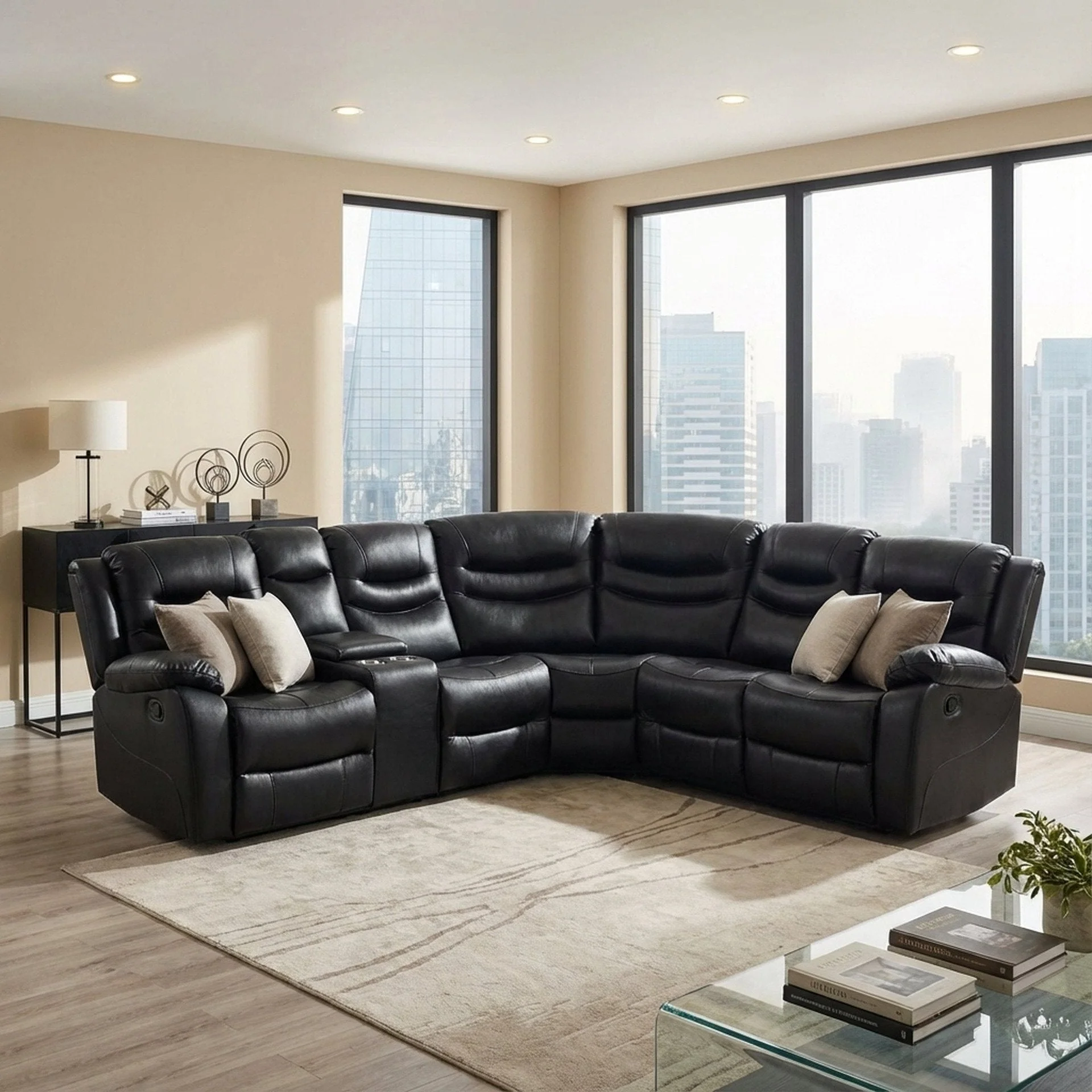 Silverdale Air Leather Manual Recliner Corner Sofa - Black - Image 4