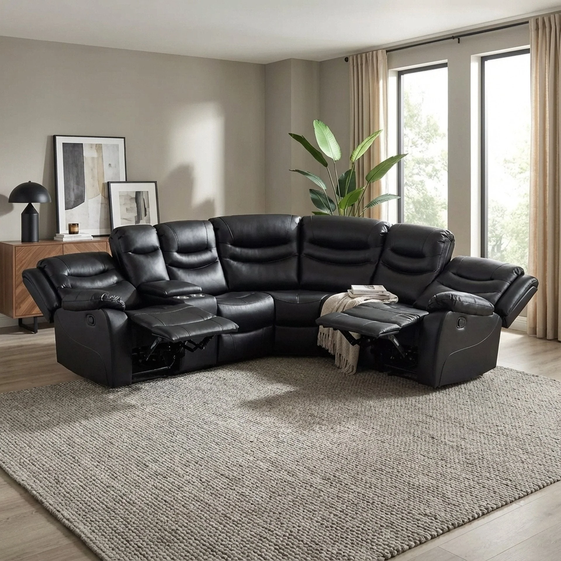 Silverdale Air Leather Manual Recliner Corner Sofa - Black - Image 5