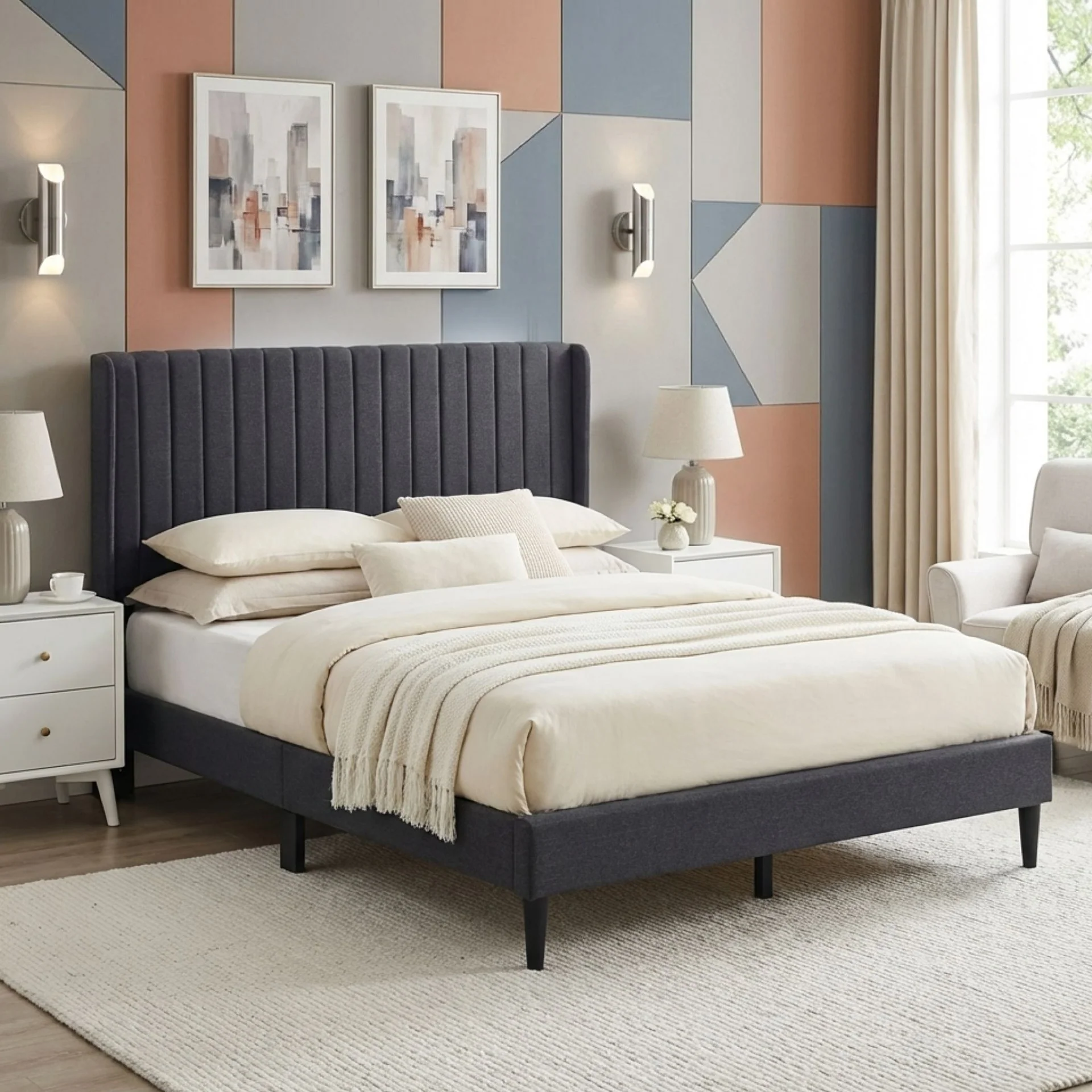 Simien Queen Fabric Bed Frame - Mid Grey - Image 4