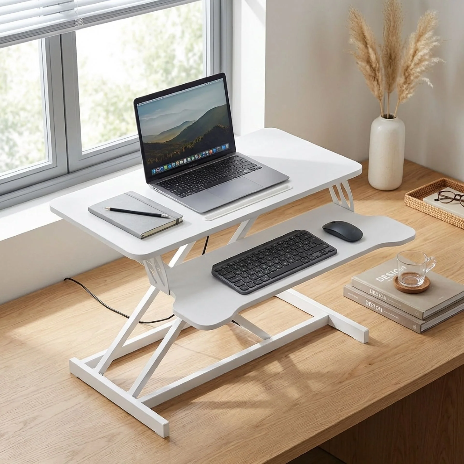 Sit-Stand Desk Converter with Keyboard Tray - White - Image 2