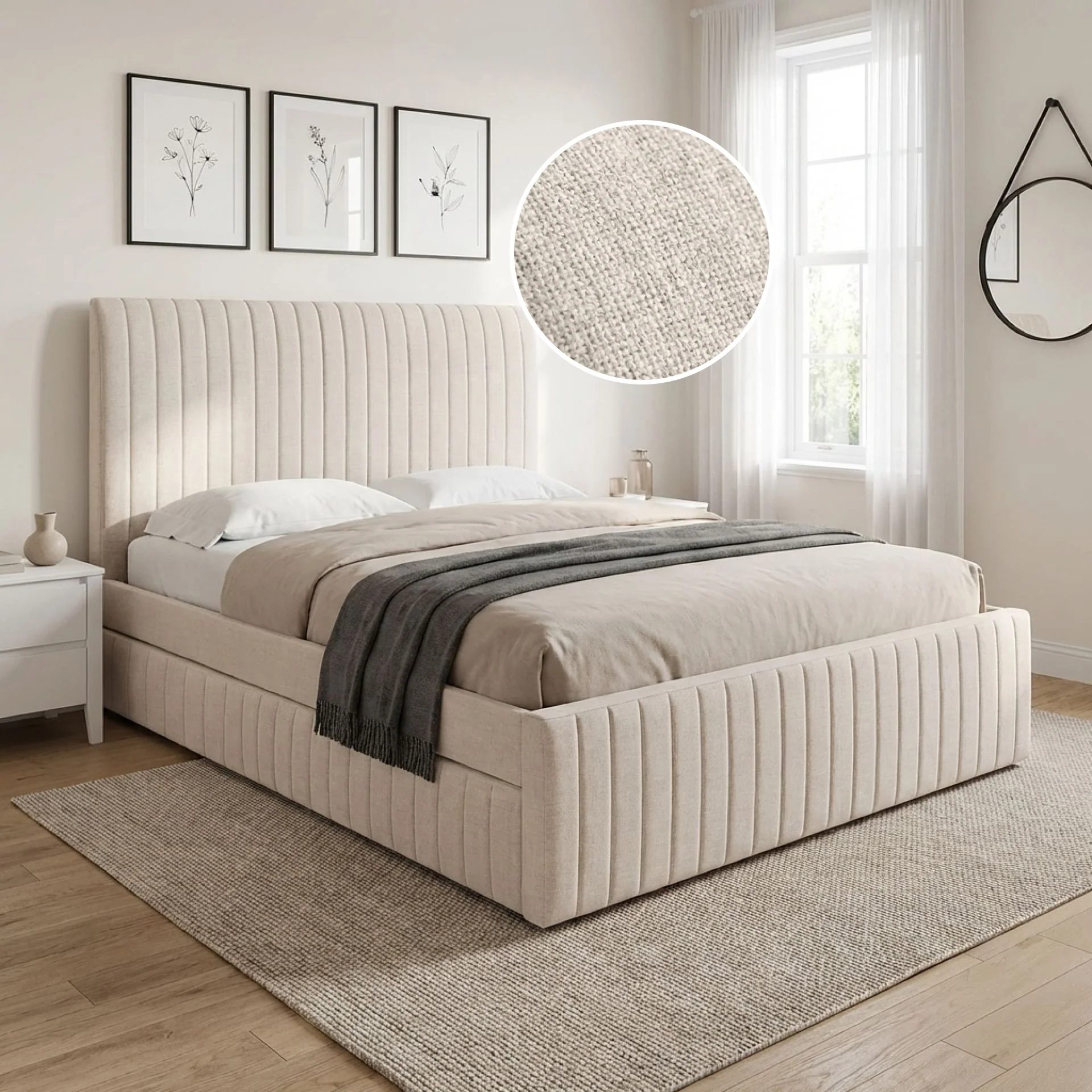 Tasman Velvet Queen with Single Trundle Bed Frame - Oat - Image 2