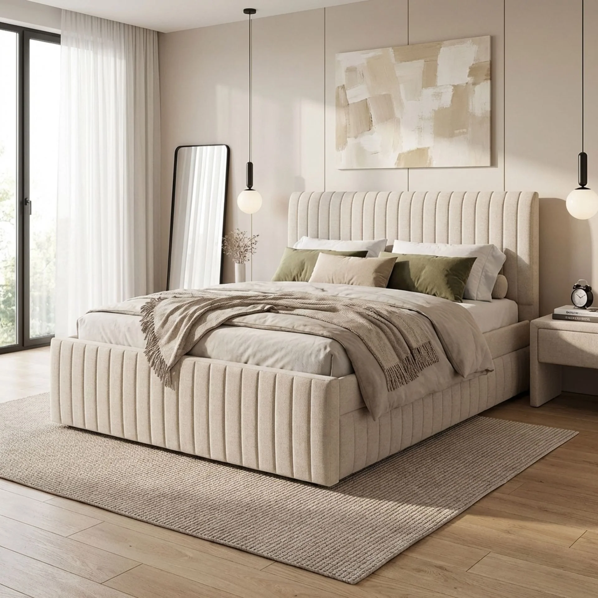 Tasman Velvet Queen with Single Trundle Bed Frame - Oat - Image 3