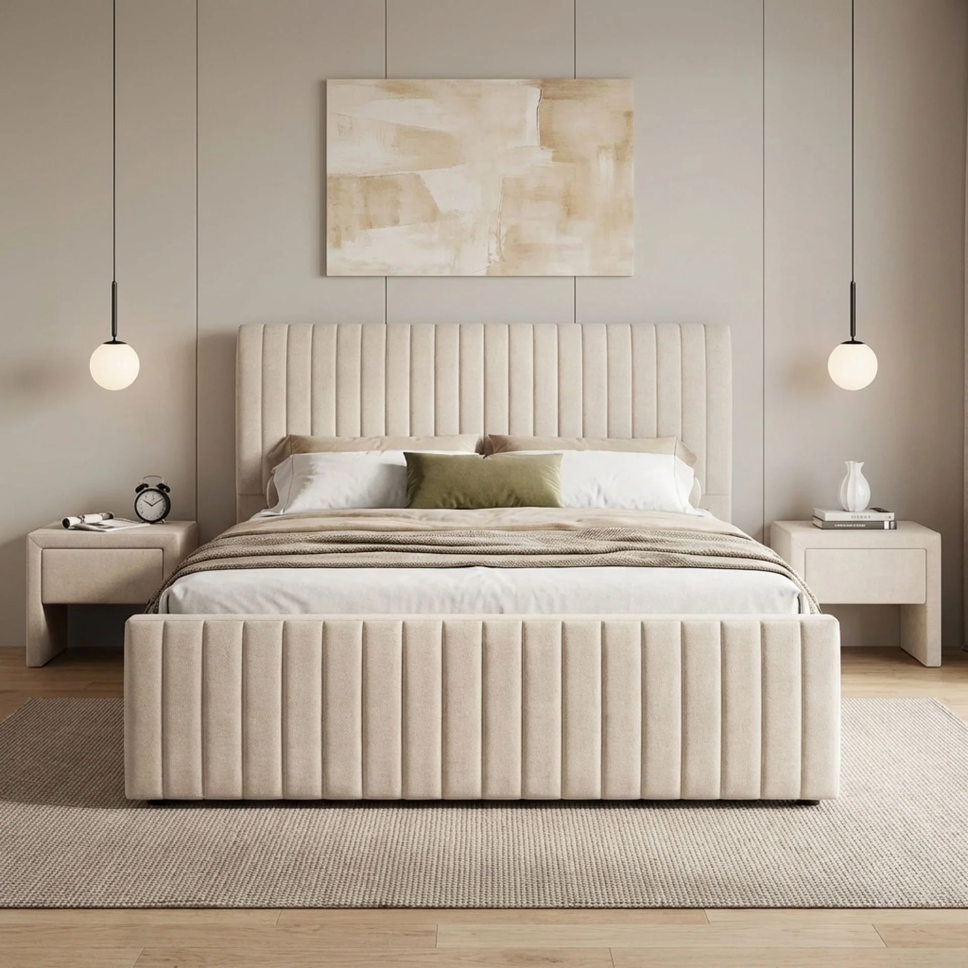 Tasman Velvet Queen with Single Trundle Bed Frame - Oat - Image 4