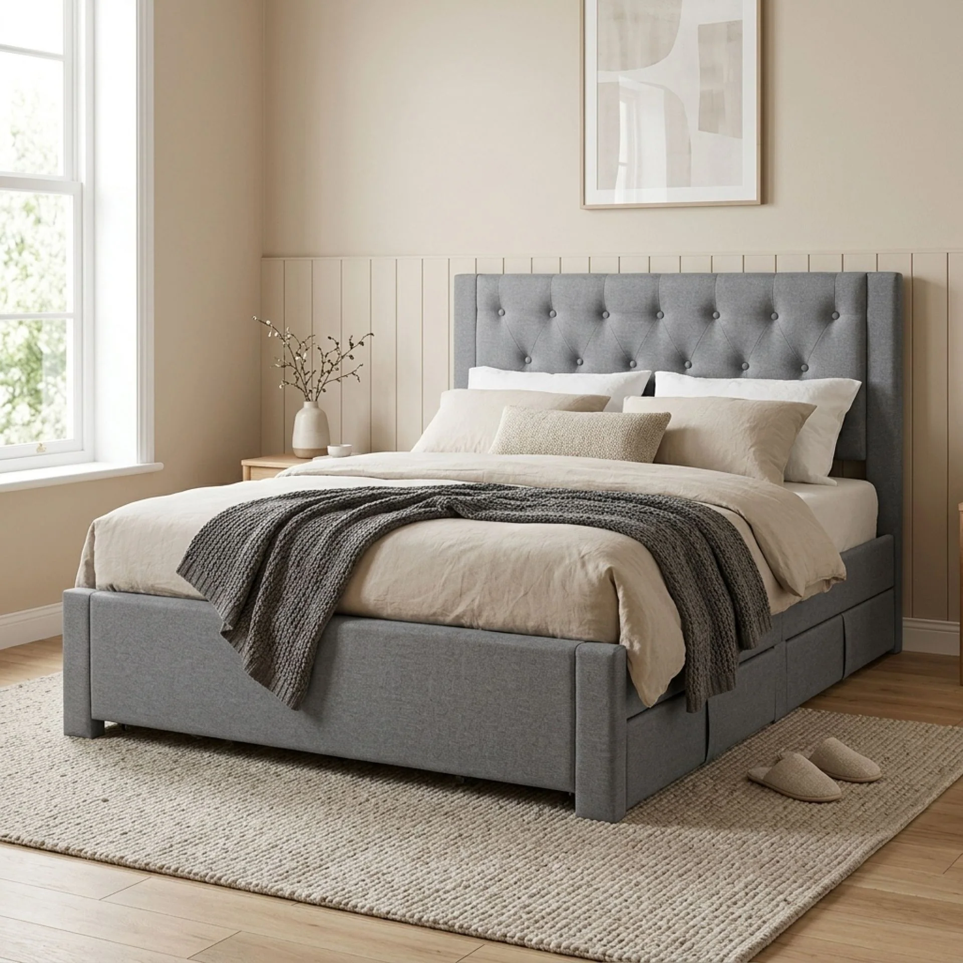 Thornton Double Fabric Bed Frame with 4 Drawers - Light Grey