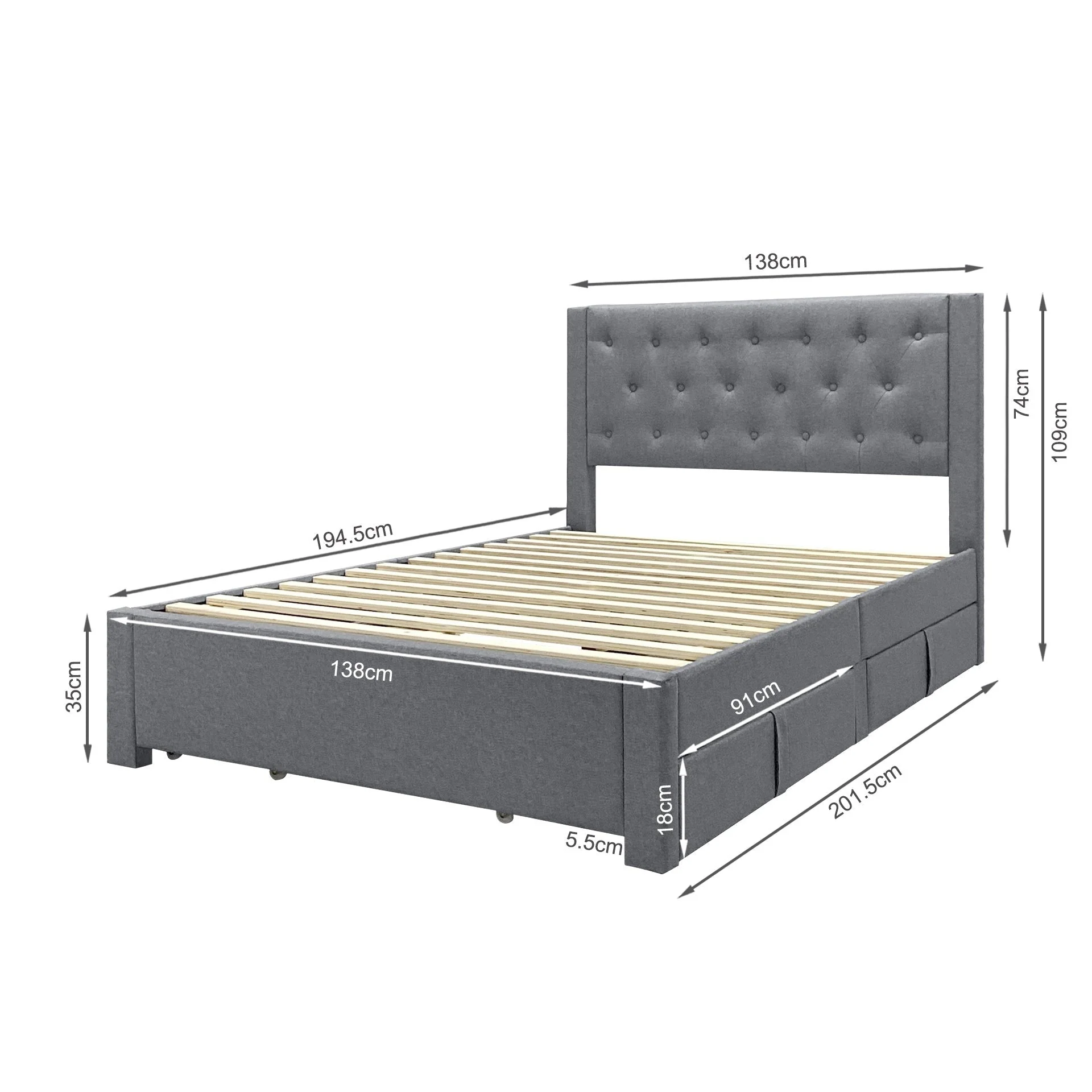 Thornton Double Fabric Bed Frame with 4 Drawers - Light Grey - Image 17