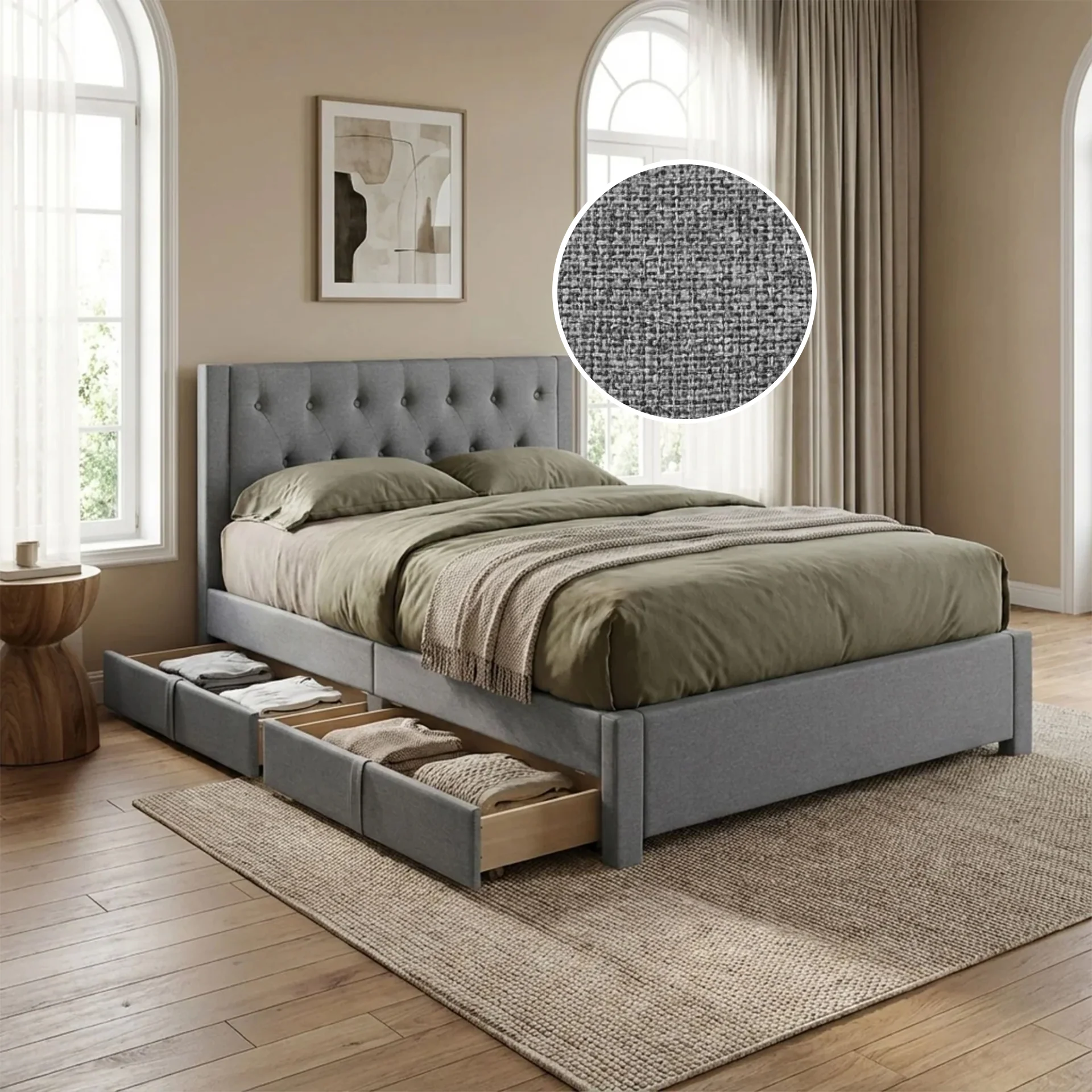 Thornton Double Fabric Bed Frame with 4 Drawers - Light Grey - Image 2