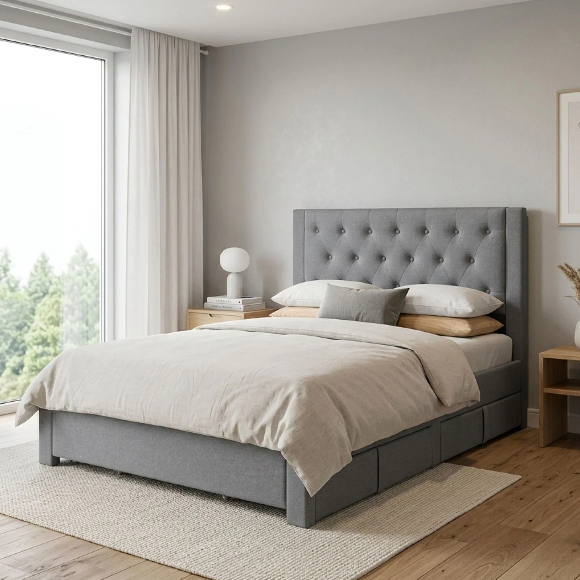 Thornton Double Fabric Bed Frame with 4 Drawers - Light Grey - Image 3