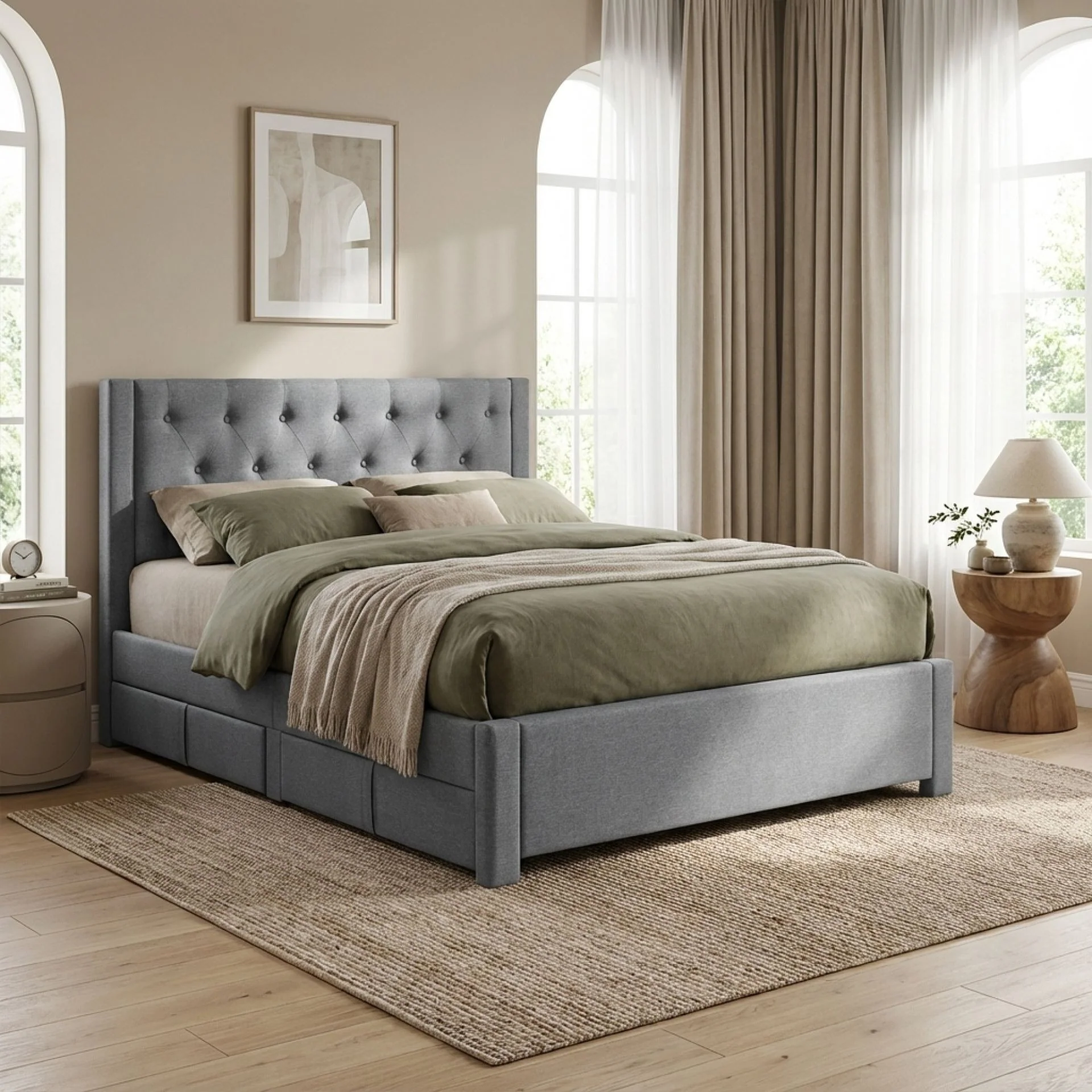 Thornton Double Fabric Bed Frame with 4 Drawers - Light Grey - Image 4