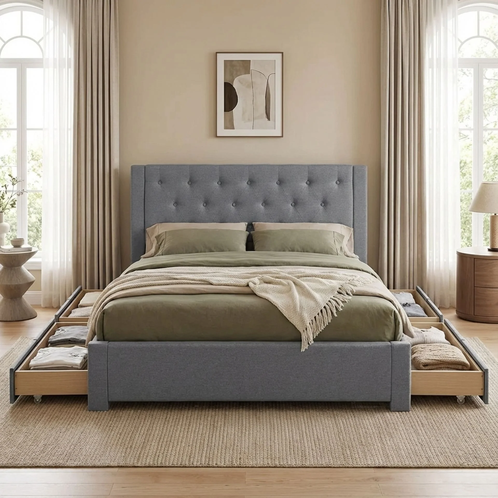 Thornton Double Fabric Bed Frame with 4 Drawers - Light Grey - Image 6