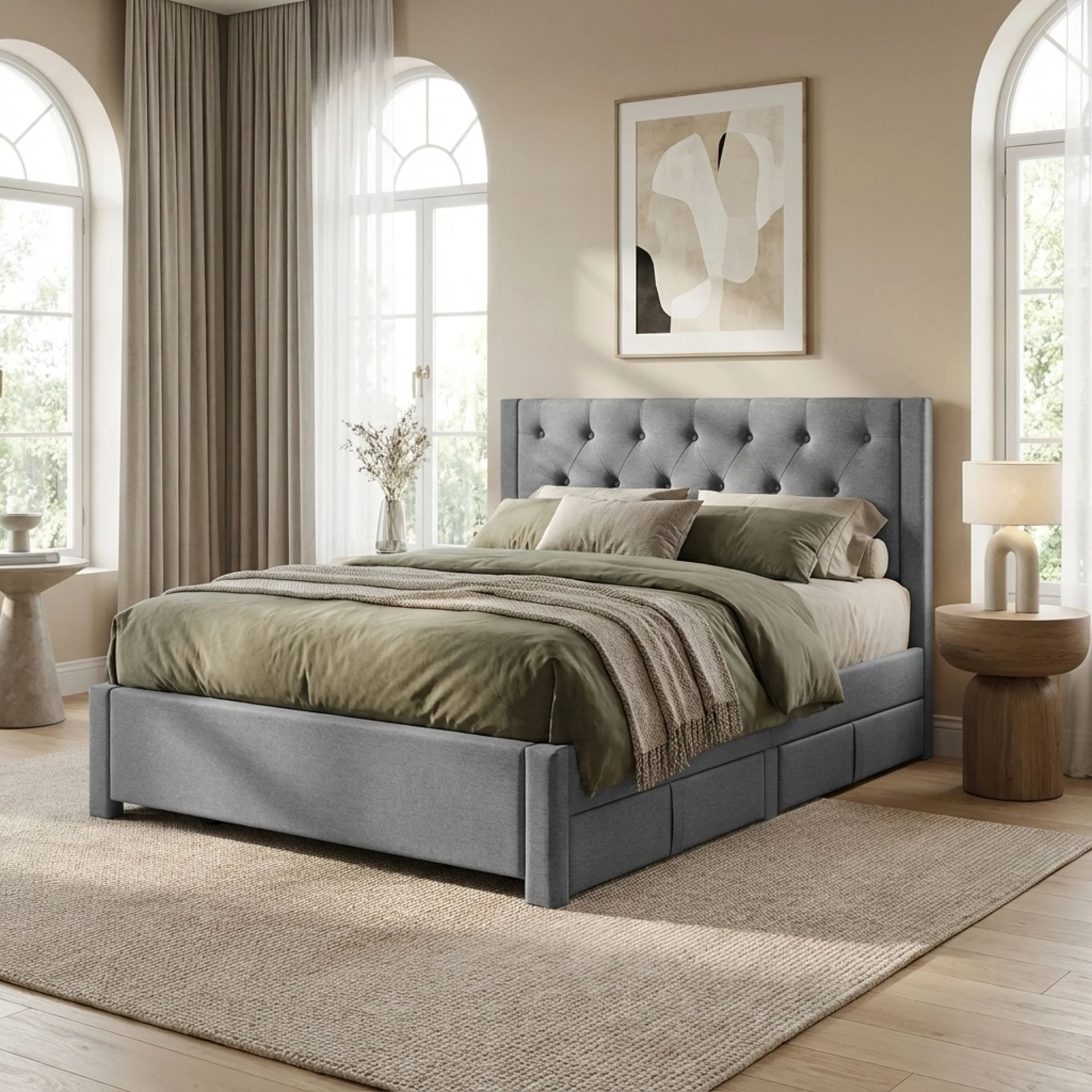 Thornton Double Fabric Bed Frame with 4 Drawers - Light Grey - Image 7