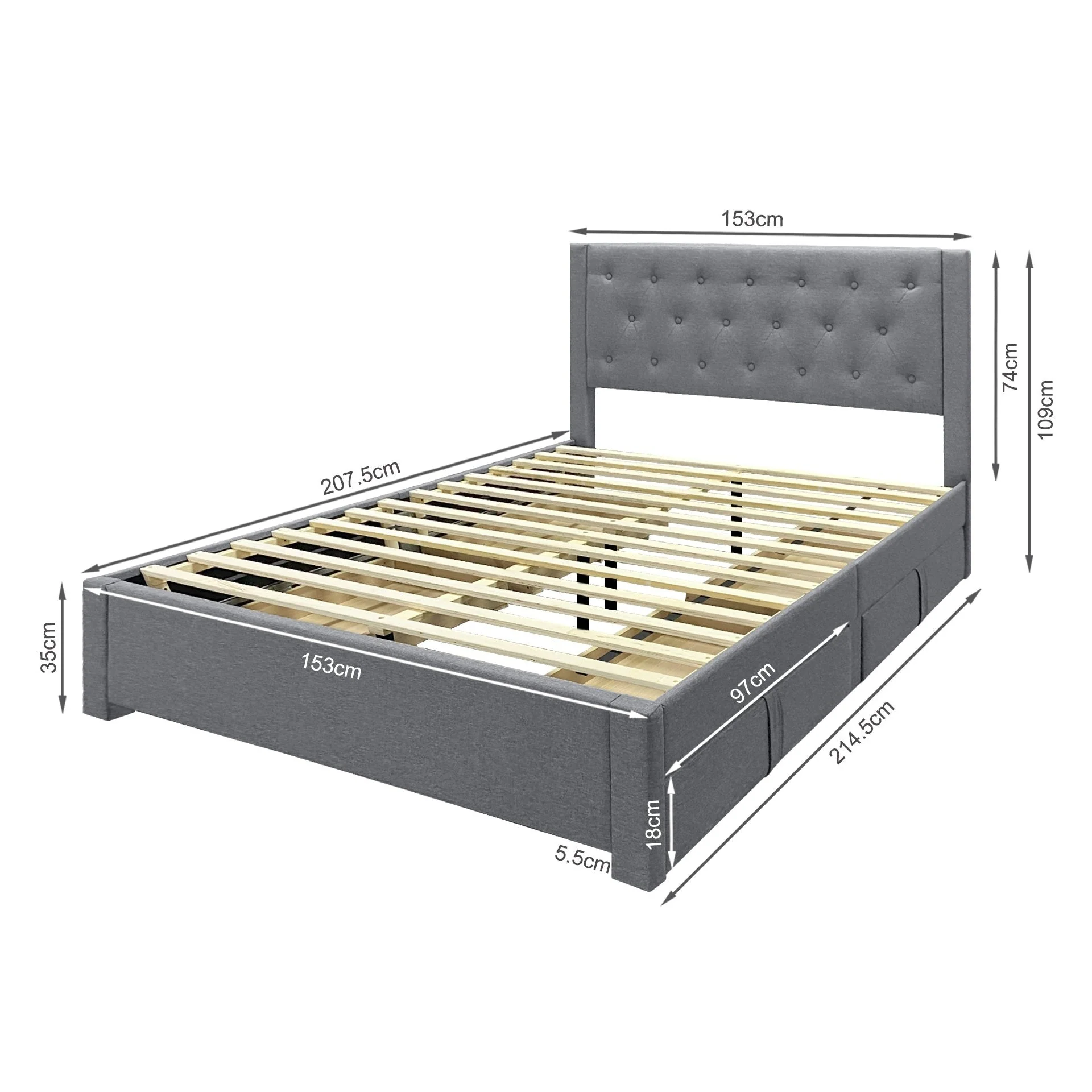 Thornton Queen Fabric Bed Frame with 4 Drawers - Light Grey - Image 14