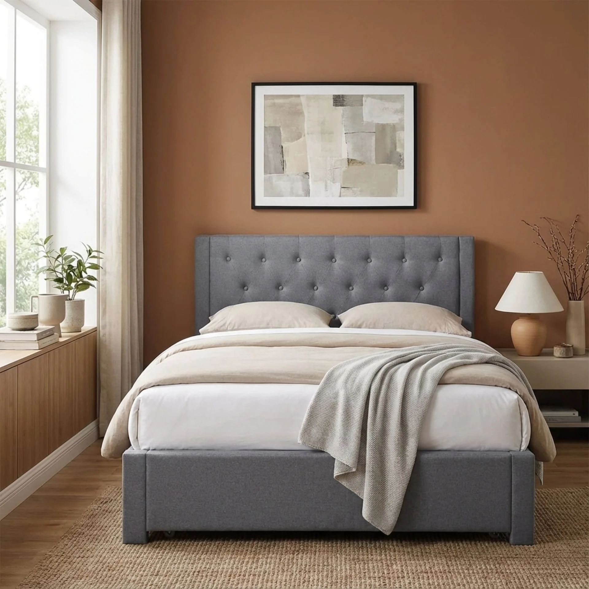 Thornton Queen Fabric Bed Frame with 4 Drawers - Light Grey - Image 3