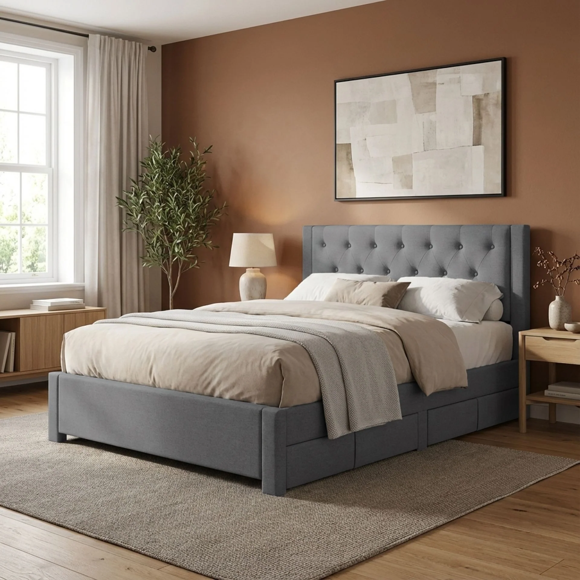 Thornton Queen Fabric Bed Frame with 4 Drawers - Light Grey - Image 4