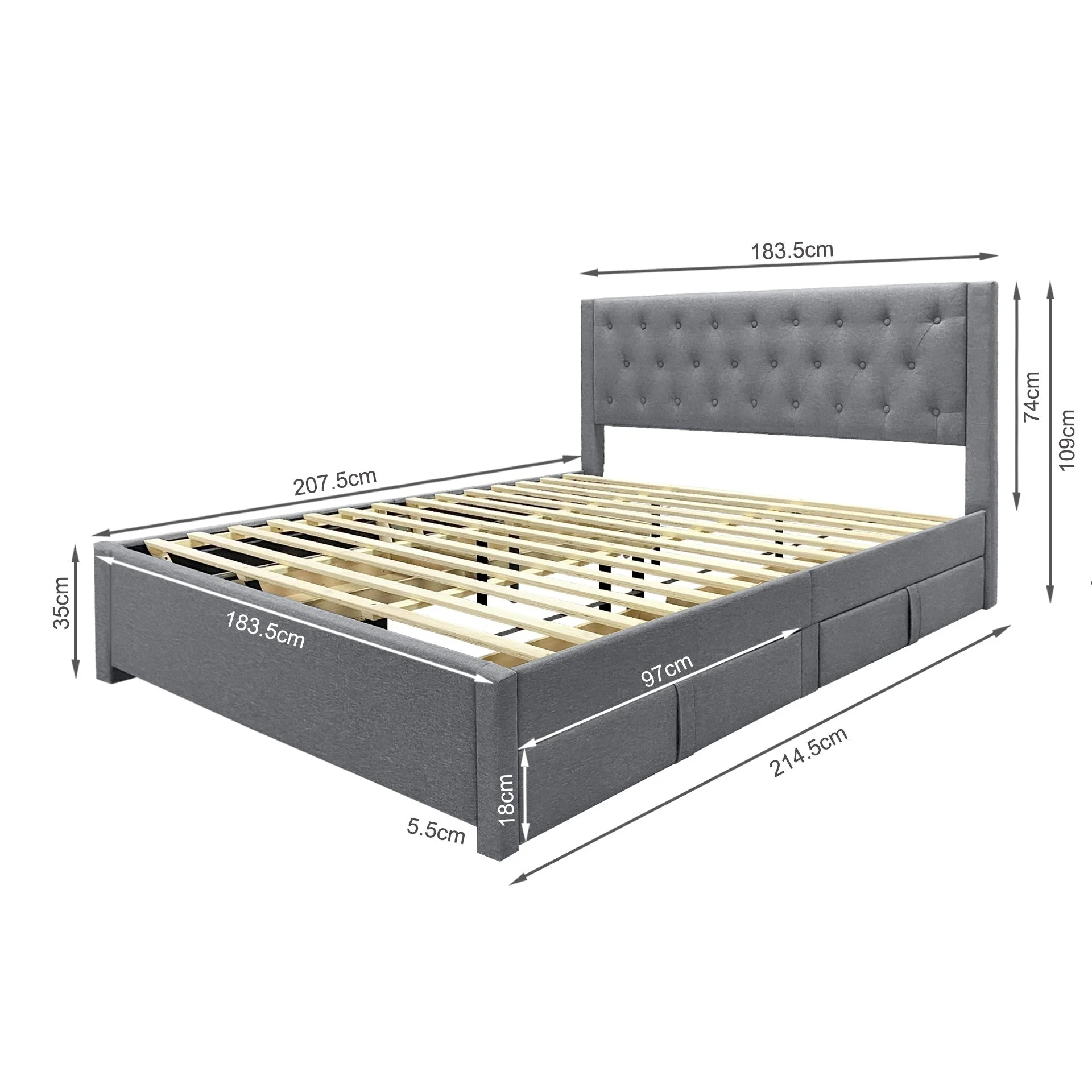 Thornton Super King Fabric Bed Frame with 4 Drawers - Light Grey - Image 10