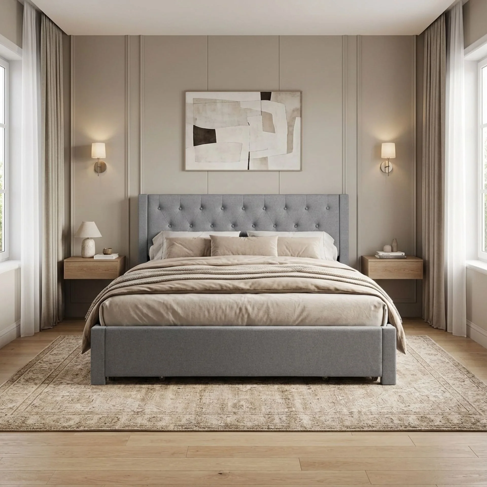 Thornton Super King Fabric Bed Frame with 4 Drawers - Light Grey - Image 3