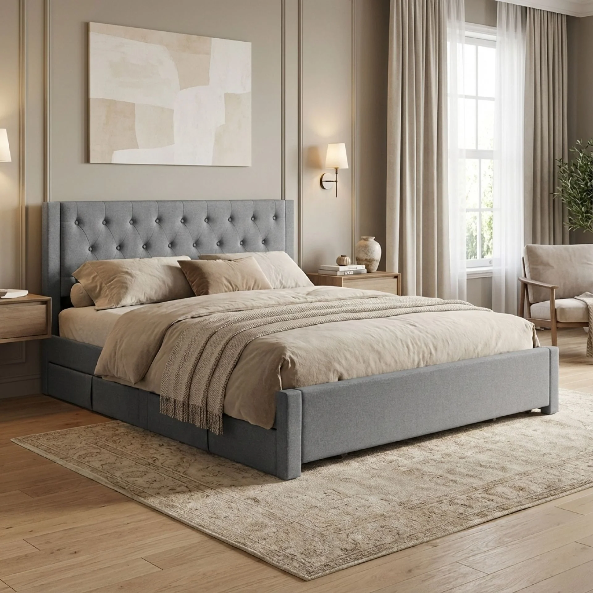 Thornton Super King Fabric Bed Frame with 4 Drawers - Light Grey - Image 4
