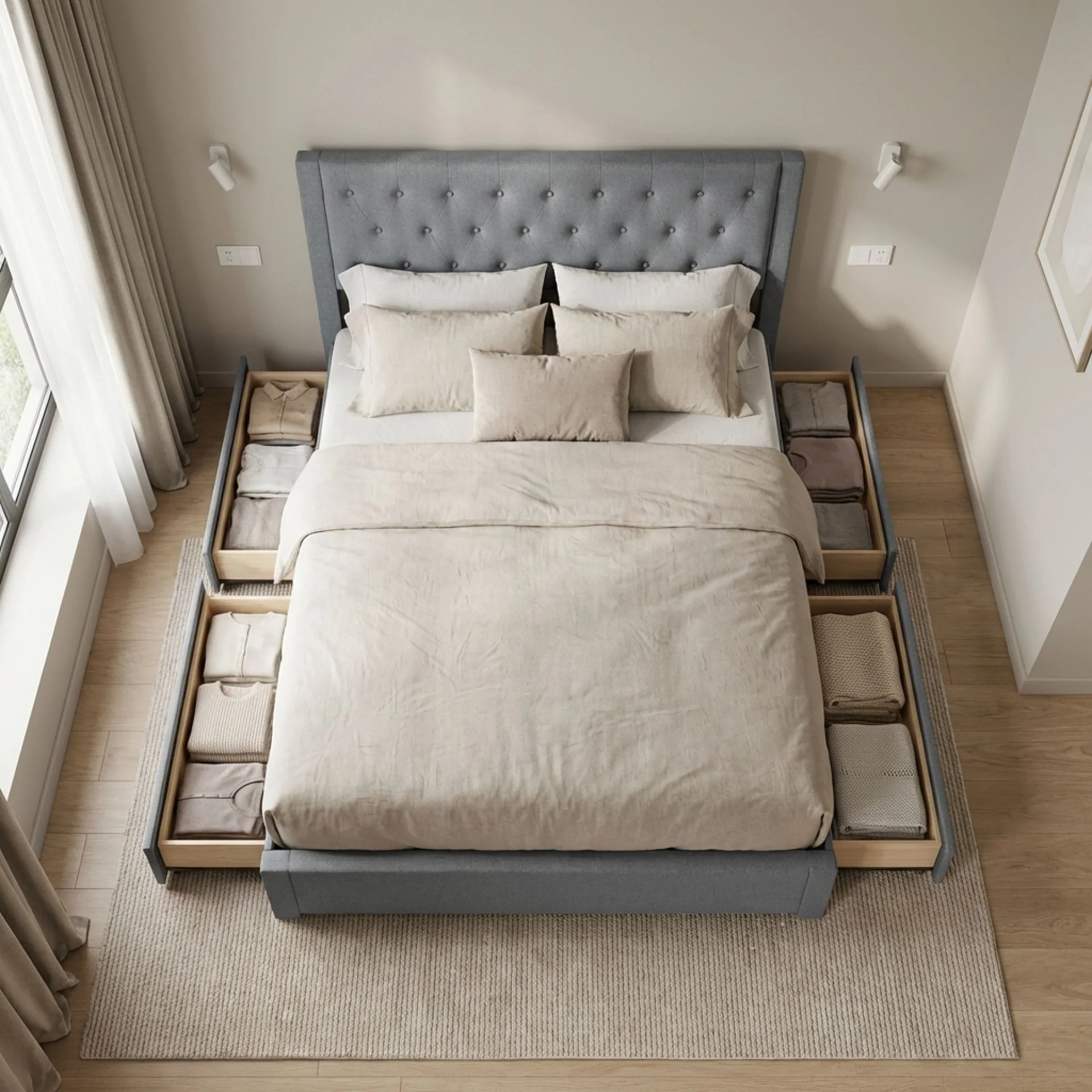 Thornton Super King Fabric Bed Frame with 4 Drawers - Light Grey - Image 5
