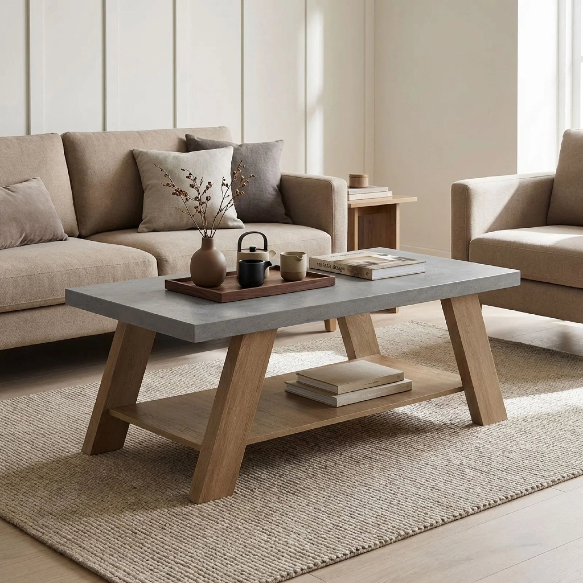 Tommie Rectangular Coffee Table - Cement + Oak - Image 3