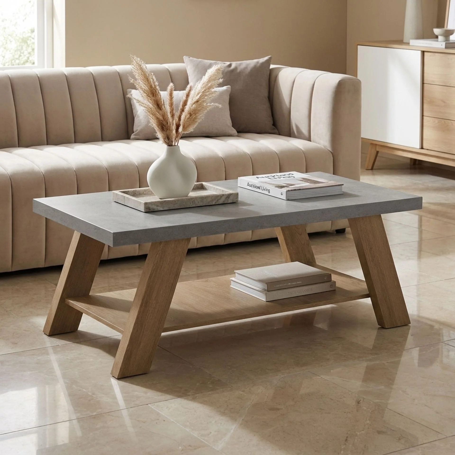 Tommie Rectangular Coffee Table - Cement + Oak - Image 5